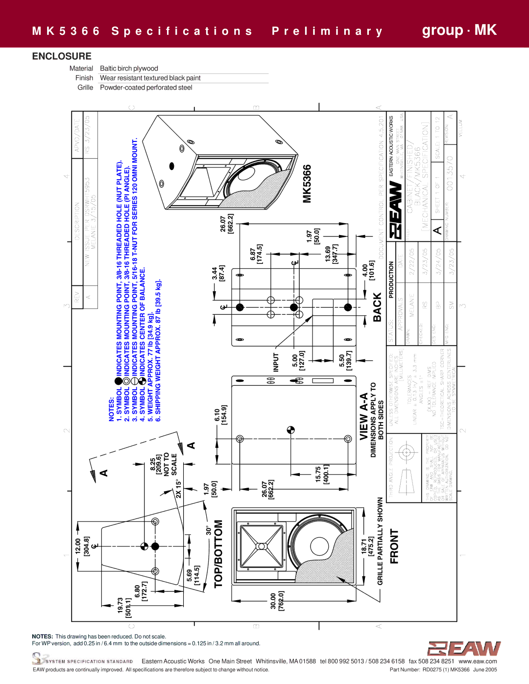 EAW MK5366 specifications Back, Top/Bottom, Front, Enclosure 