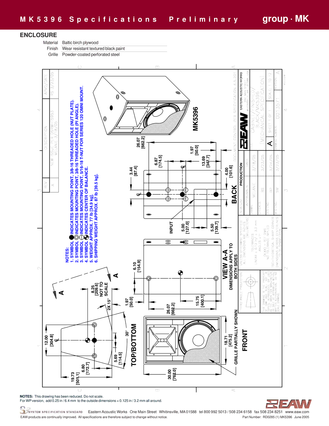 EAW MK5396 specifications Back, Front, Enclosure 