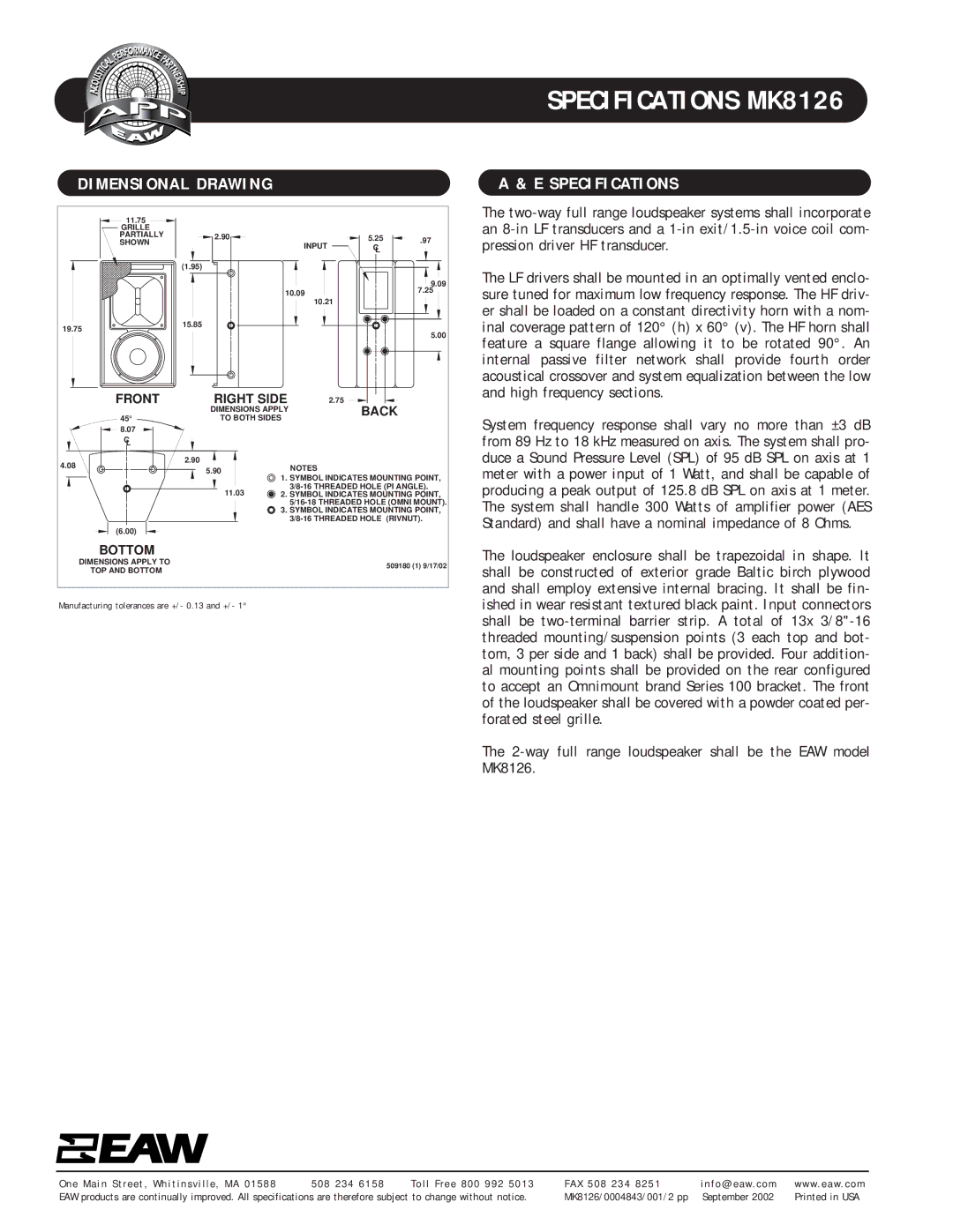 EAW MK8126 specifications Dimensional Drawing, Specifications, Front Right Side, Back, Bottom 