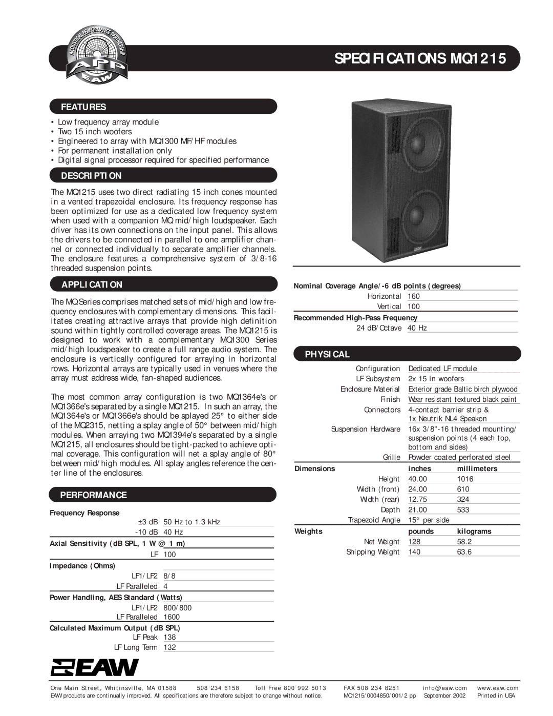 EAW MQ1215 specifications Features, Description, Application, Performance, Physical 