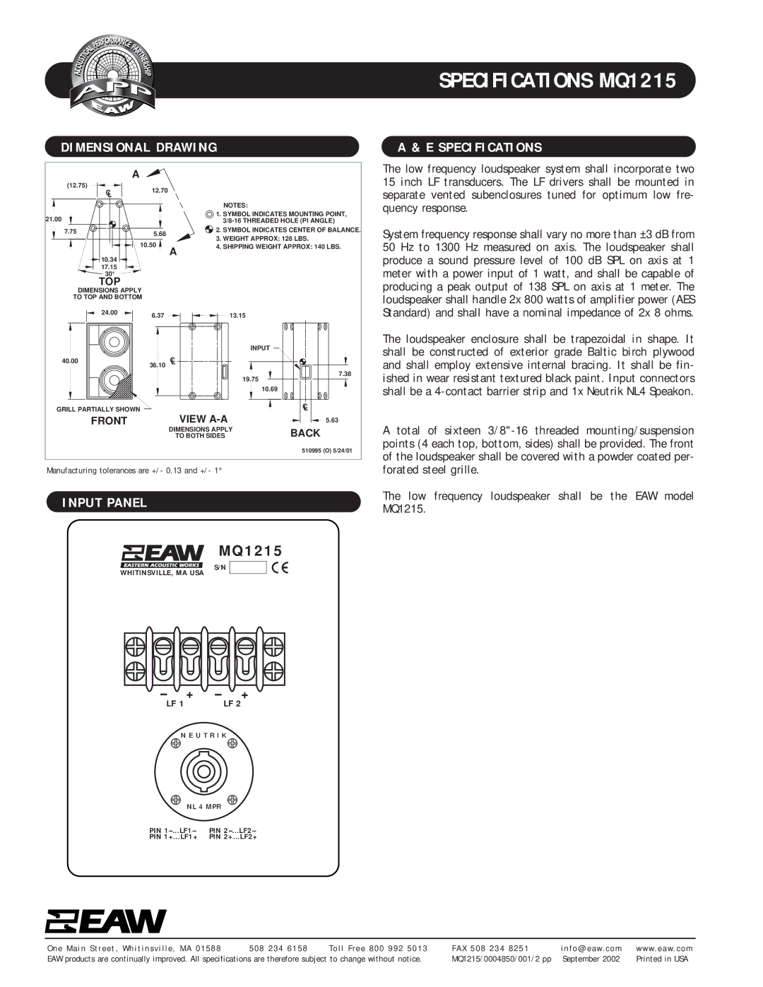 EAW MQ1215 specifications Dimensional Drawing Specifications, Input Panel 