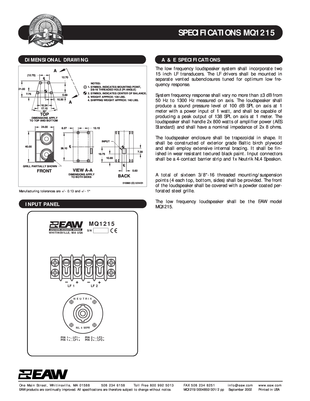EAW specifications Dimensional Drawing, A & E Specifications, Input Panel, SPECIFICATIONS MQ1215 