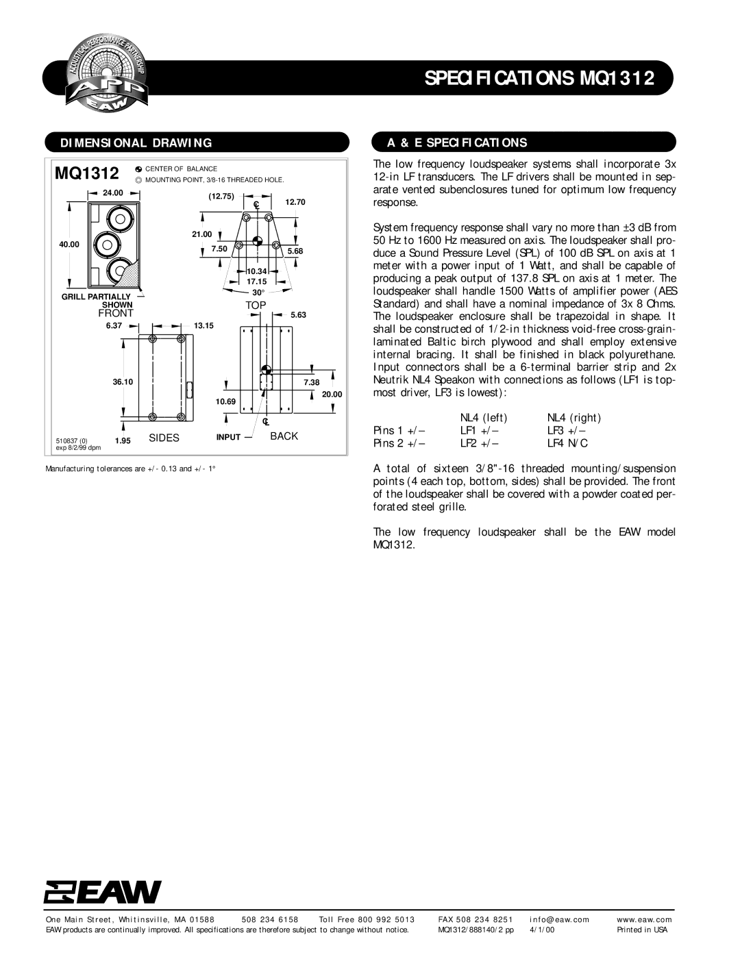 EAW MQ1312 specifications Dimensional Drawing, Specifications 