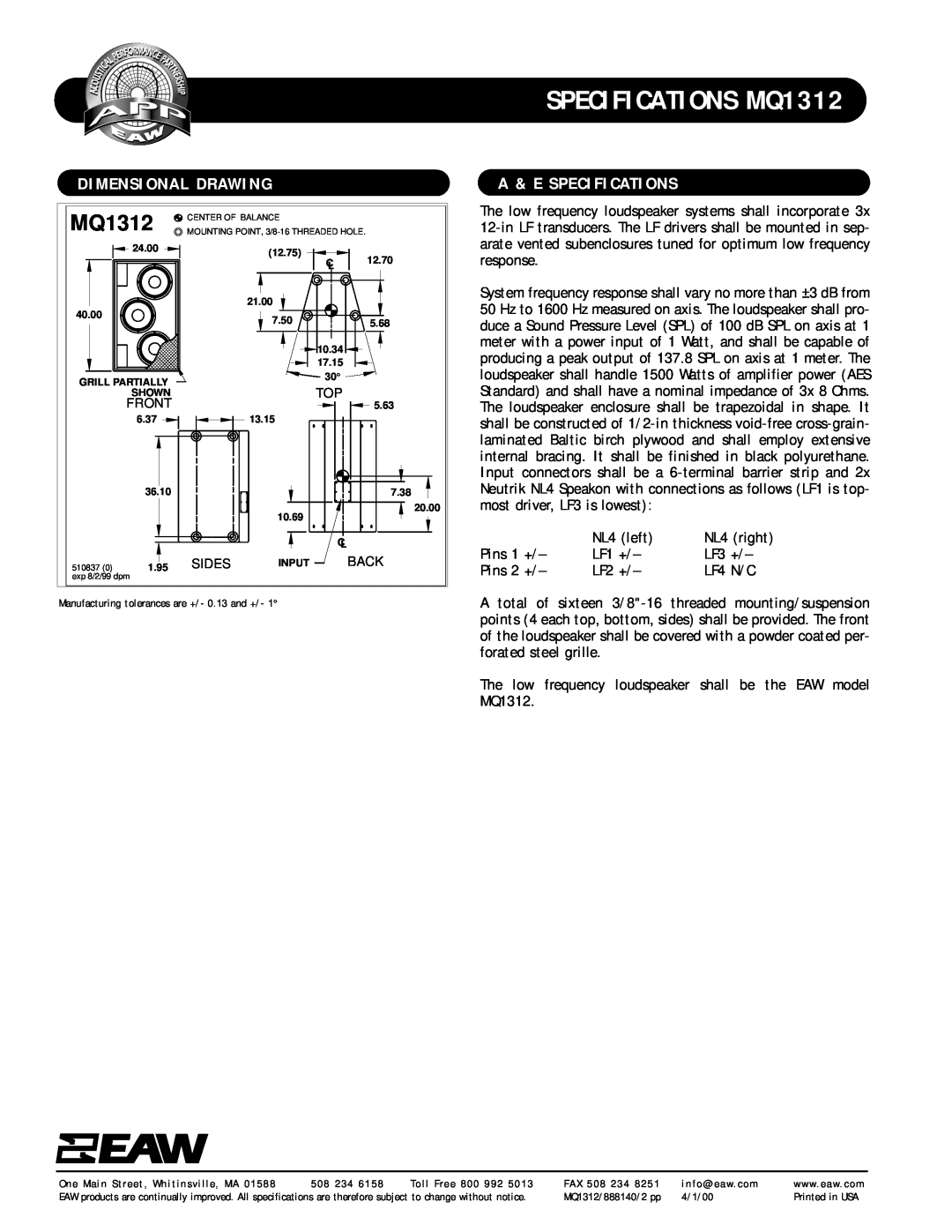 EAW specifications Dimensional Drawing, A & E Specifications, SPECIFICATIONS MQ1312 
