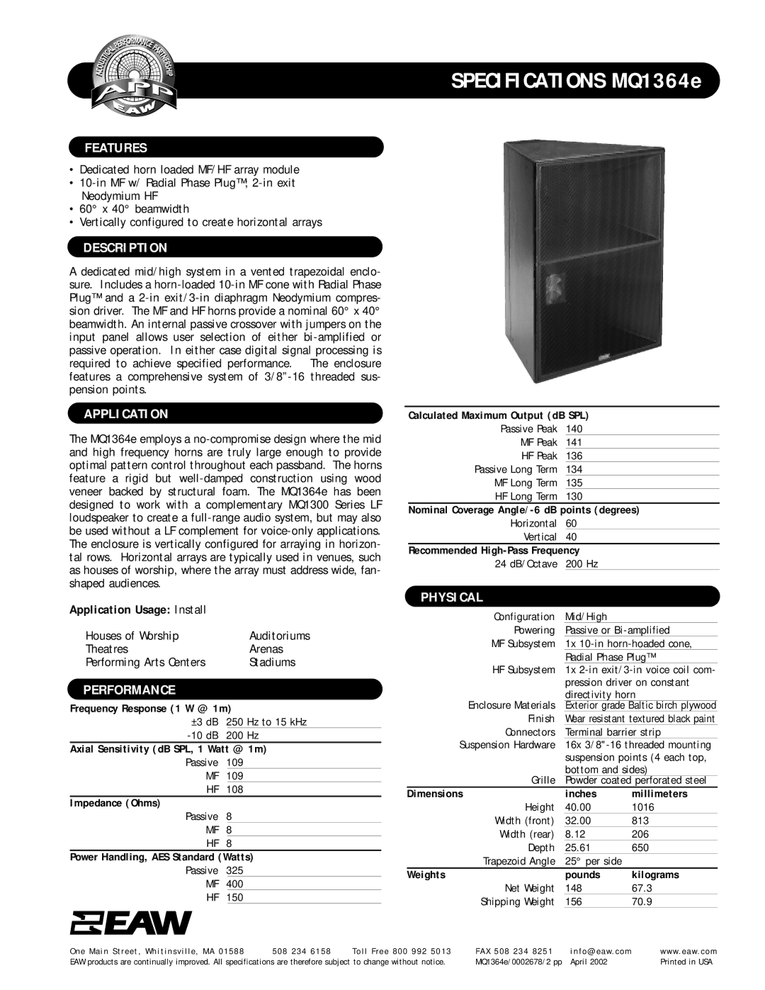 EAW MQ1364e specifications Features, Description, Application, Performance, Physical 