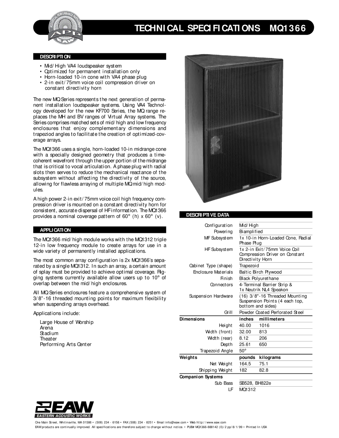 EAW technical specifications Technical Specifications MQ1366 