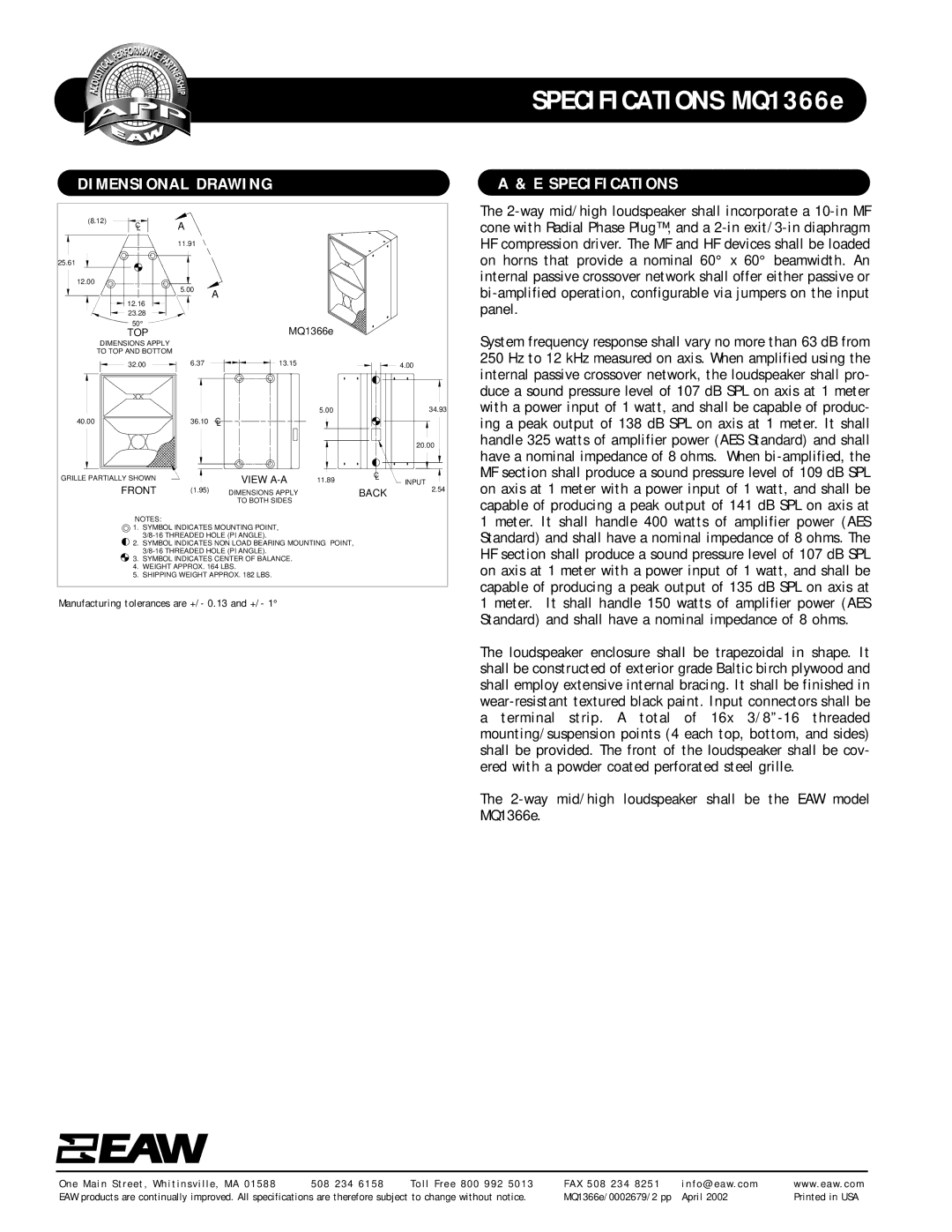 EAW MQ1366e specifications Dimensional Drawing, Specifications 