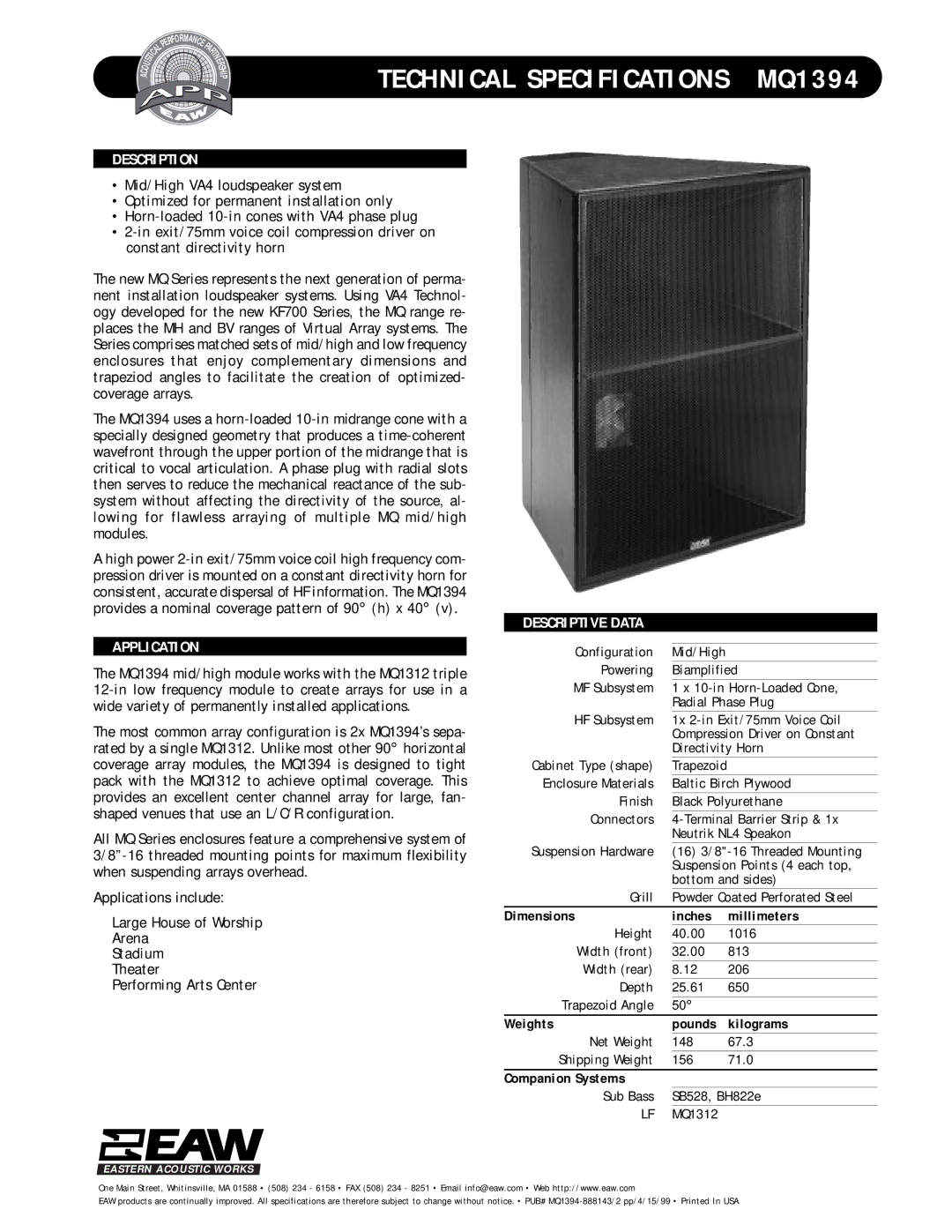 EAW technical specifications Technical Specifications MQ1394 