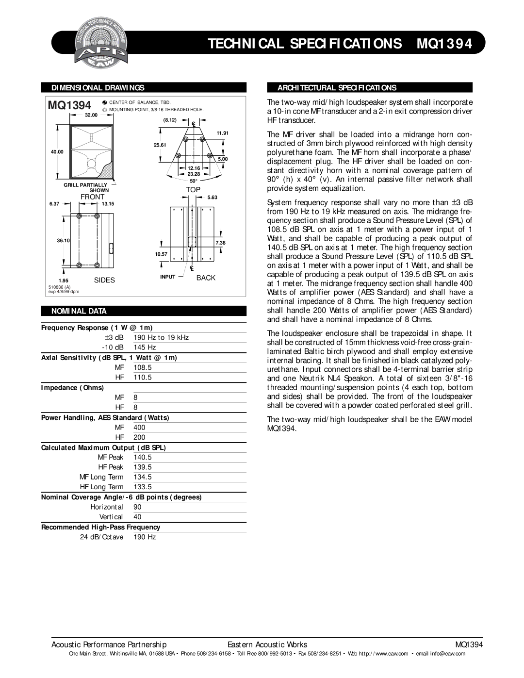 EAW MQ1394 technical specifications 