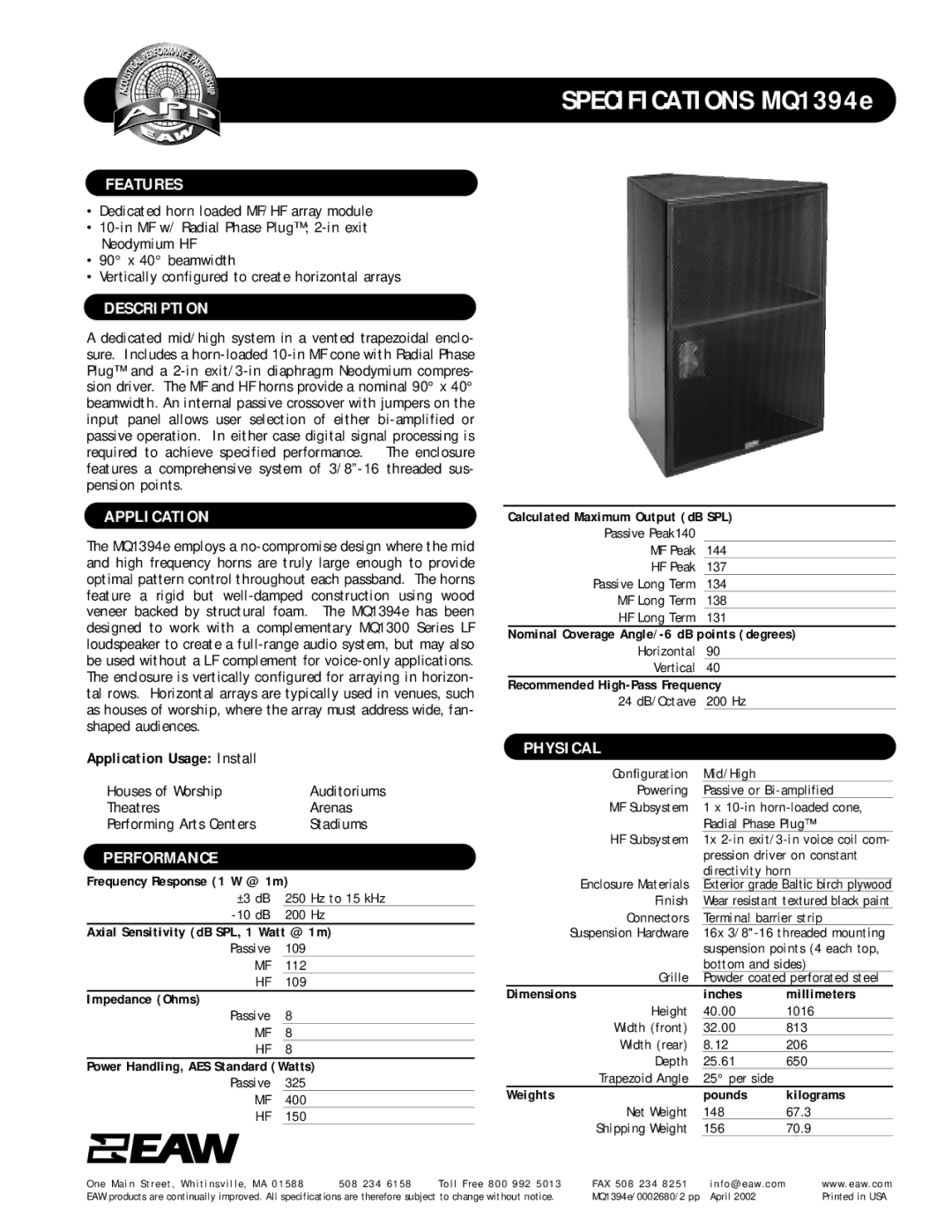 EAW MQ1394e specifications Features, Description, Application, Performance, Physical 