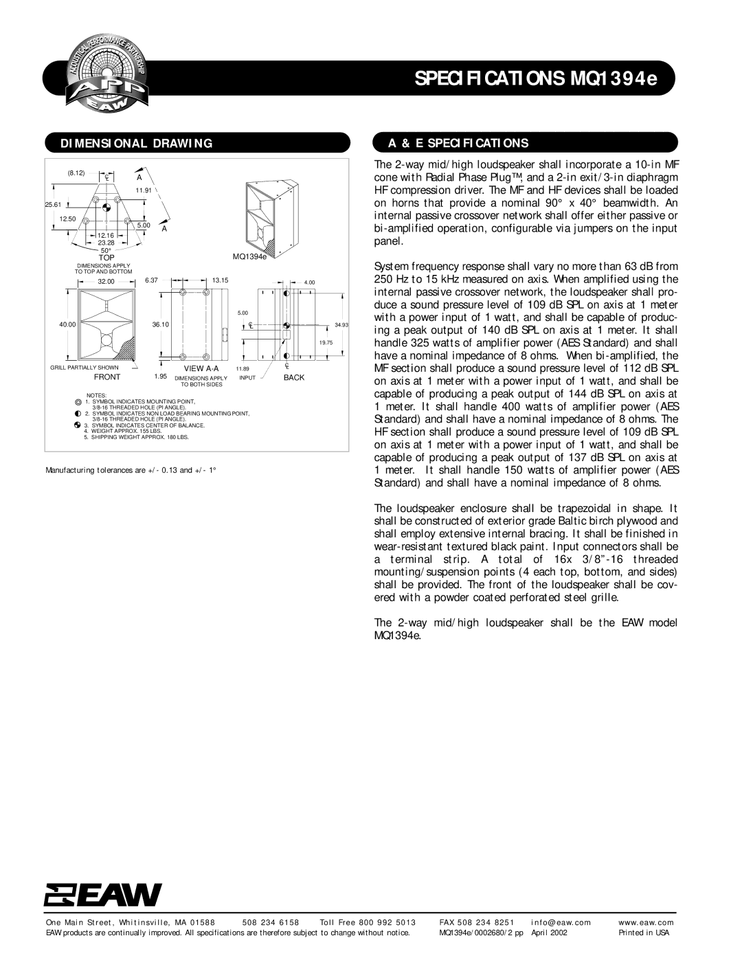 EAW MQ1394e specifications Dimensional Drawing, Specifications 