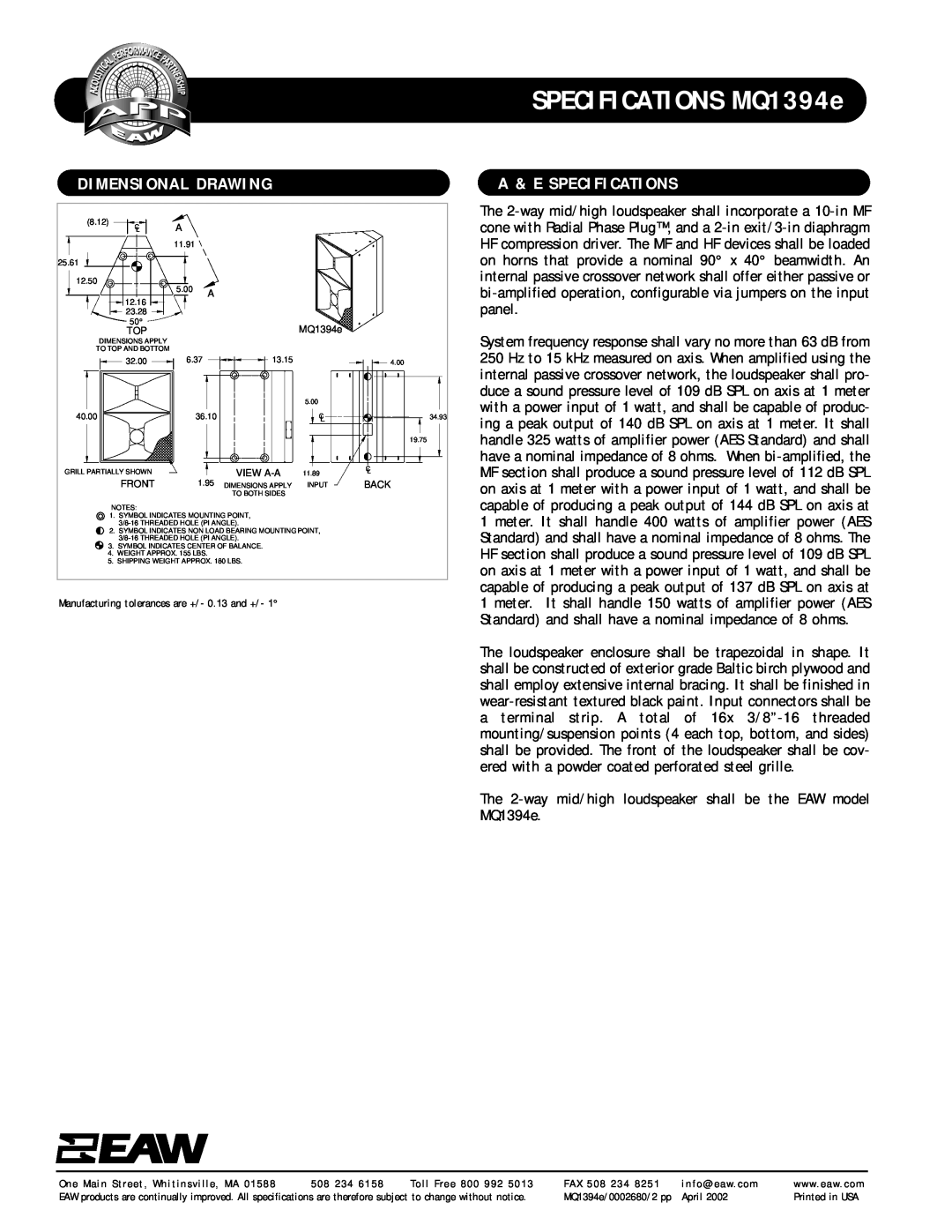 EAW specifications Dimensional Drawing, A & E Specifications, SPECIFICATIONS MQ1394e 
