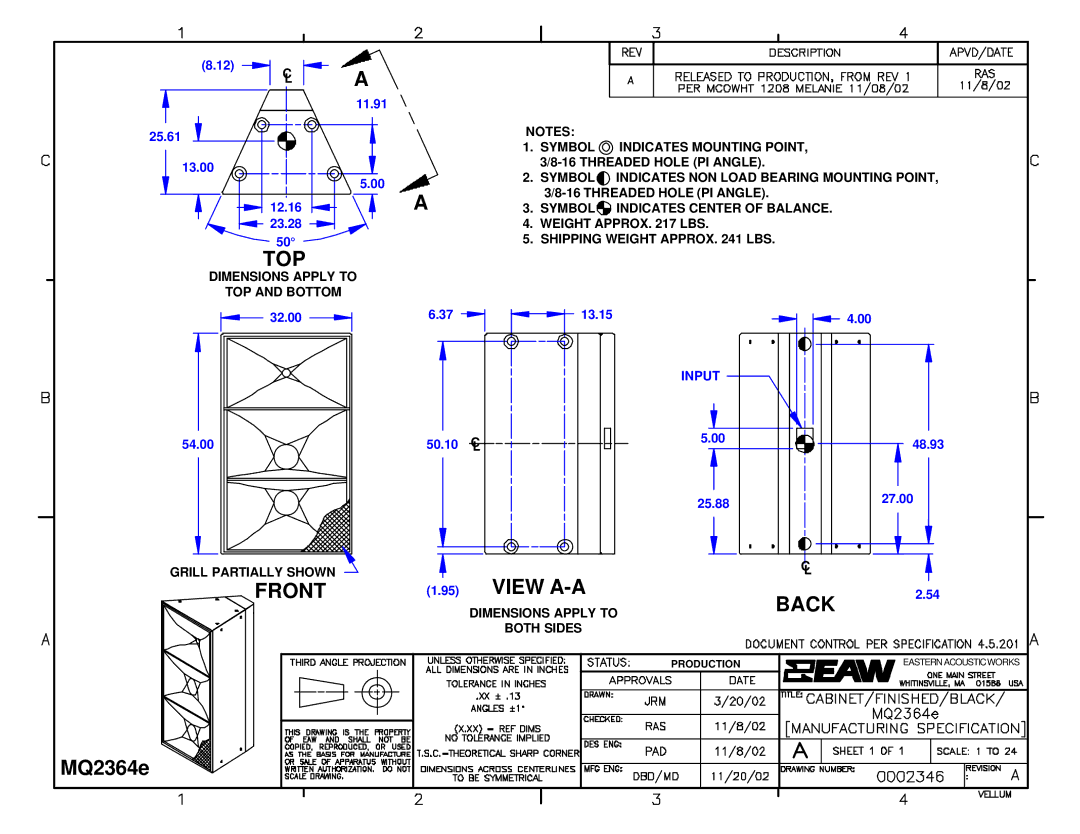 EAW MQ2364e dimensions Top, Front 