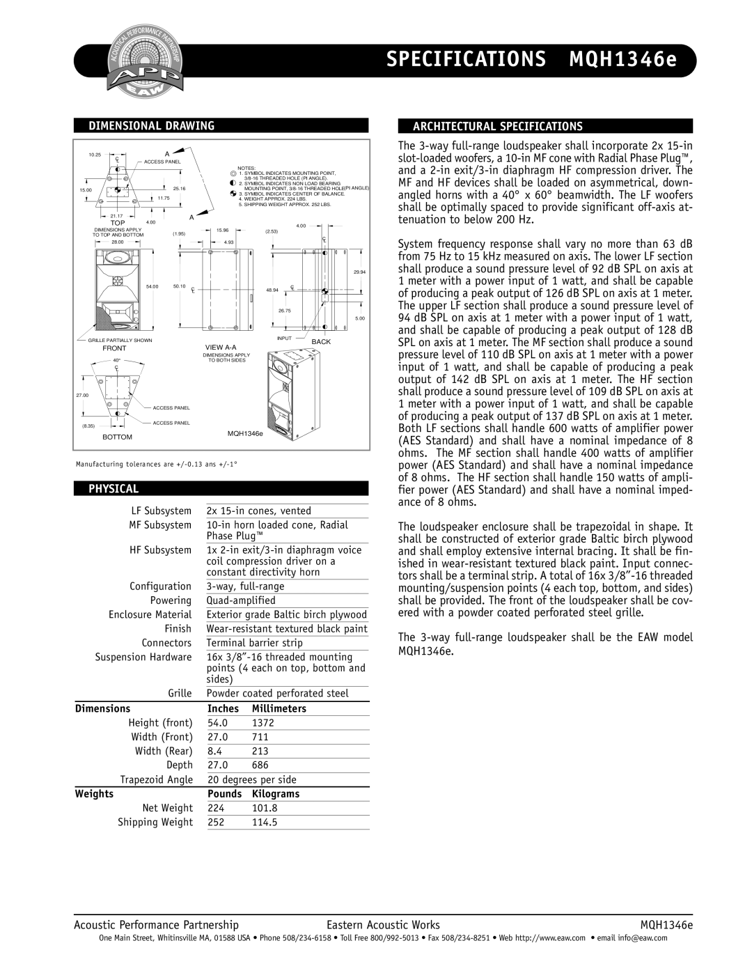 EAW Specifications MQH1346e, Dimensional Drawing Architectural Specifications, Physical, Dimensions Inches Millimeters 