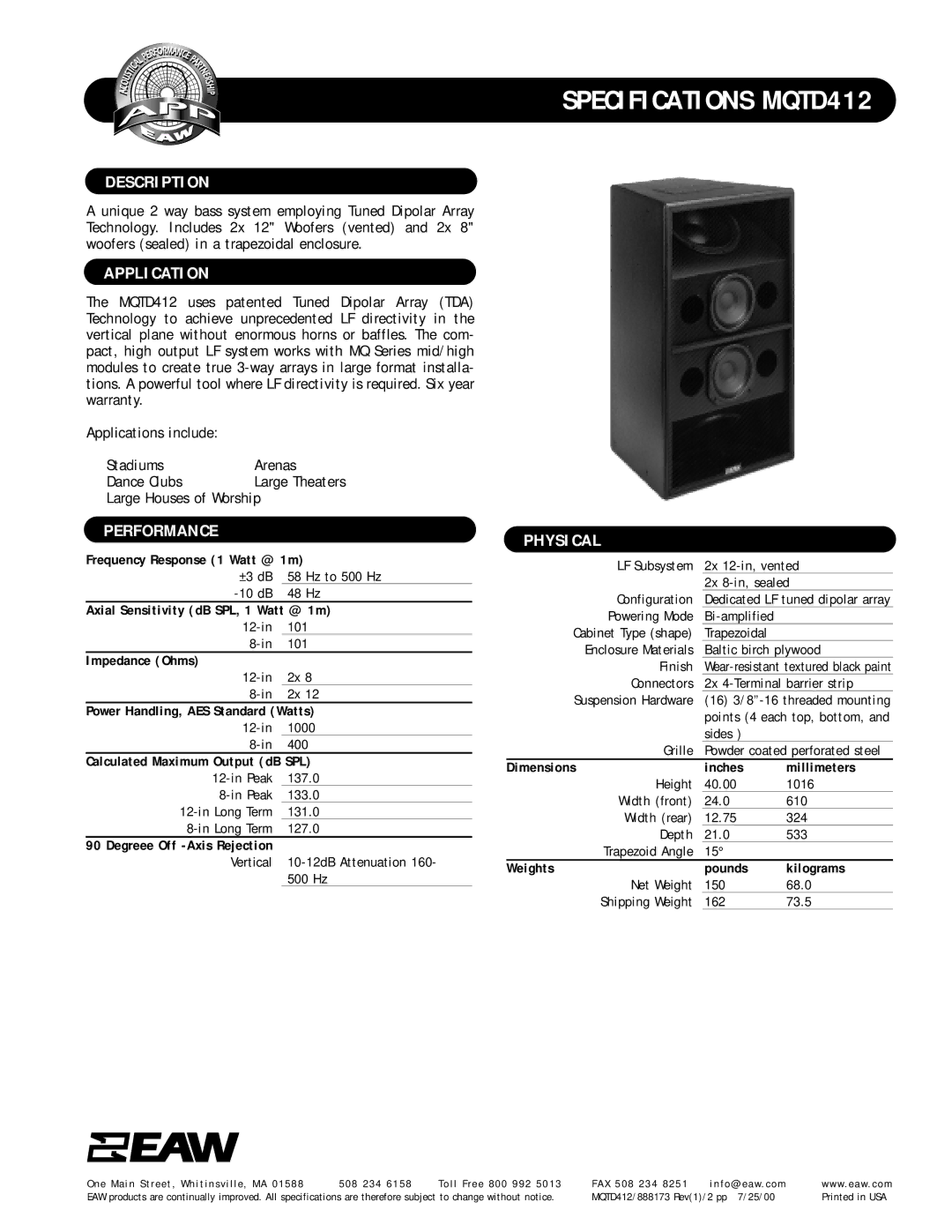 EAW MQTD412 2D specifications Description, Application, Performance, Physical 