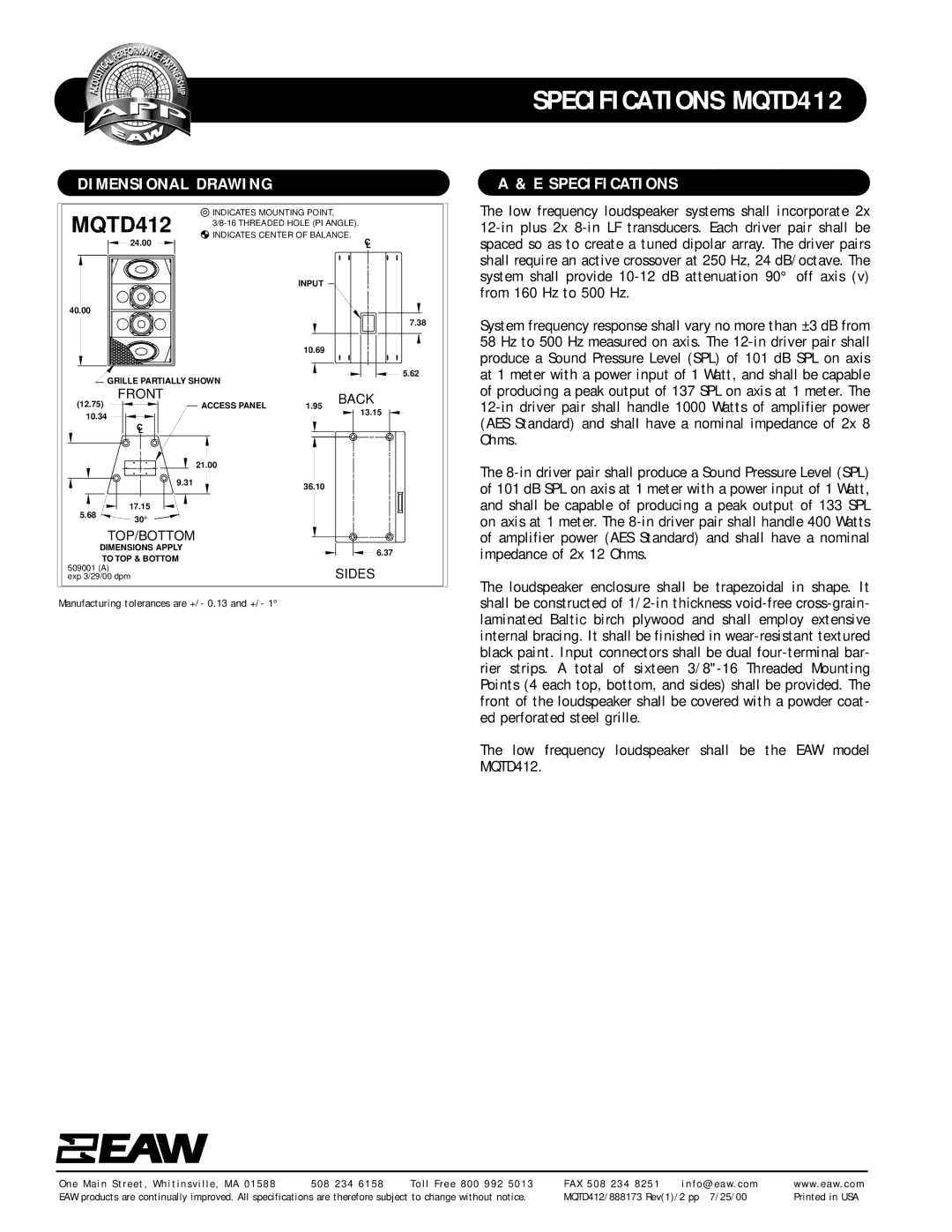 EAW MQTD412 2D specifications Dimensional Drawing, Specifications 