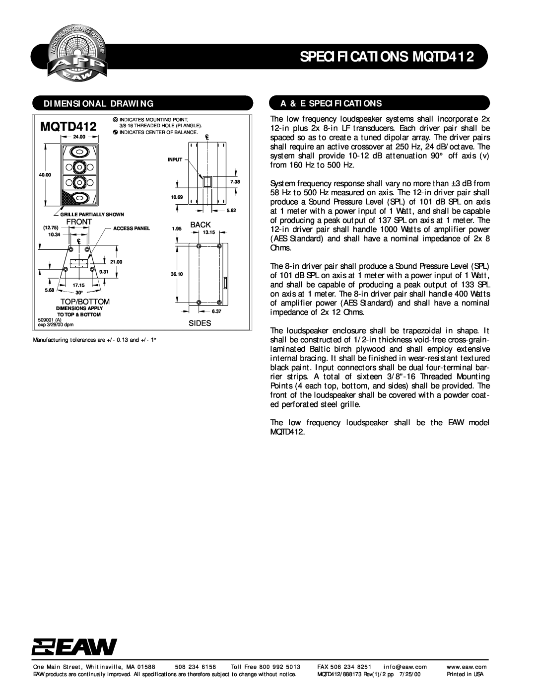 EAW MQTD412 2D specifications Dimensional Drawing, A & E Specifications, SPECIFICATIONS MQTD412 
