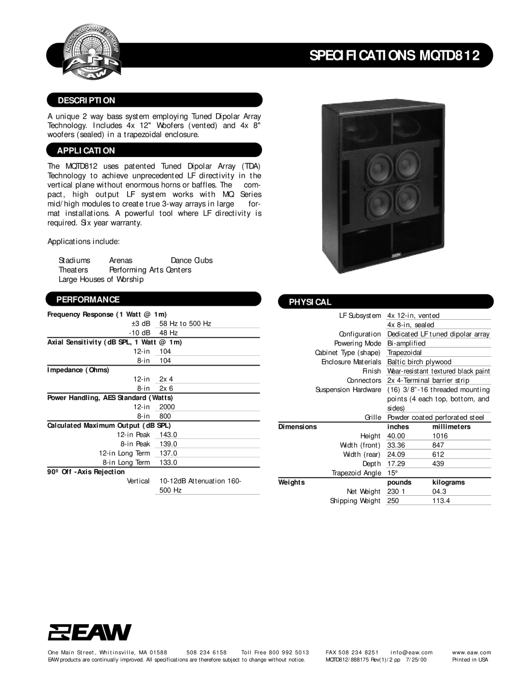 EAW MQTD812 specifications Description, Application, Performance, Physical 