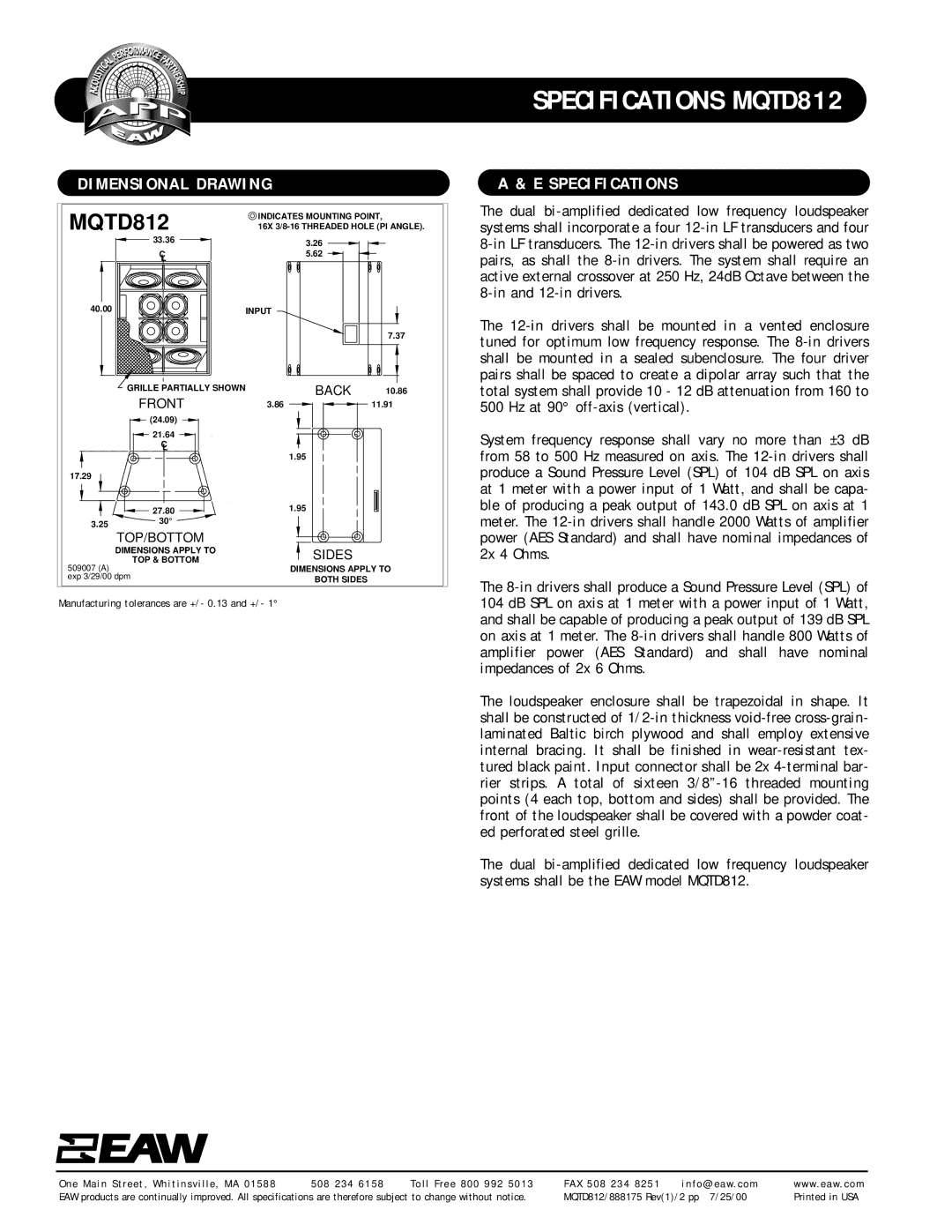 EAW MQTD812 specifications Dimensional Drawing, Specifications 