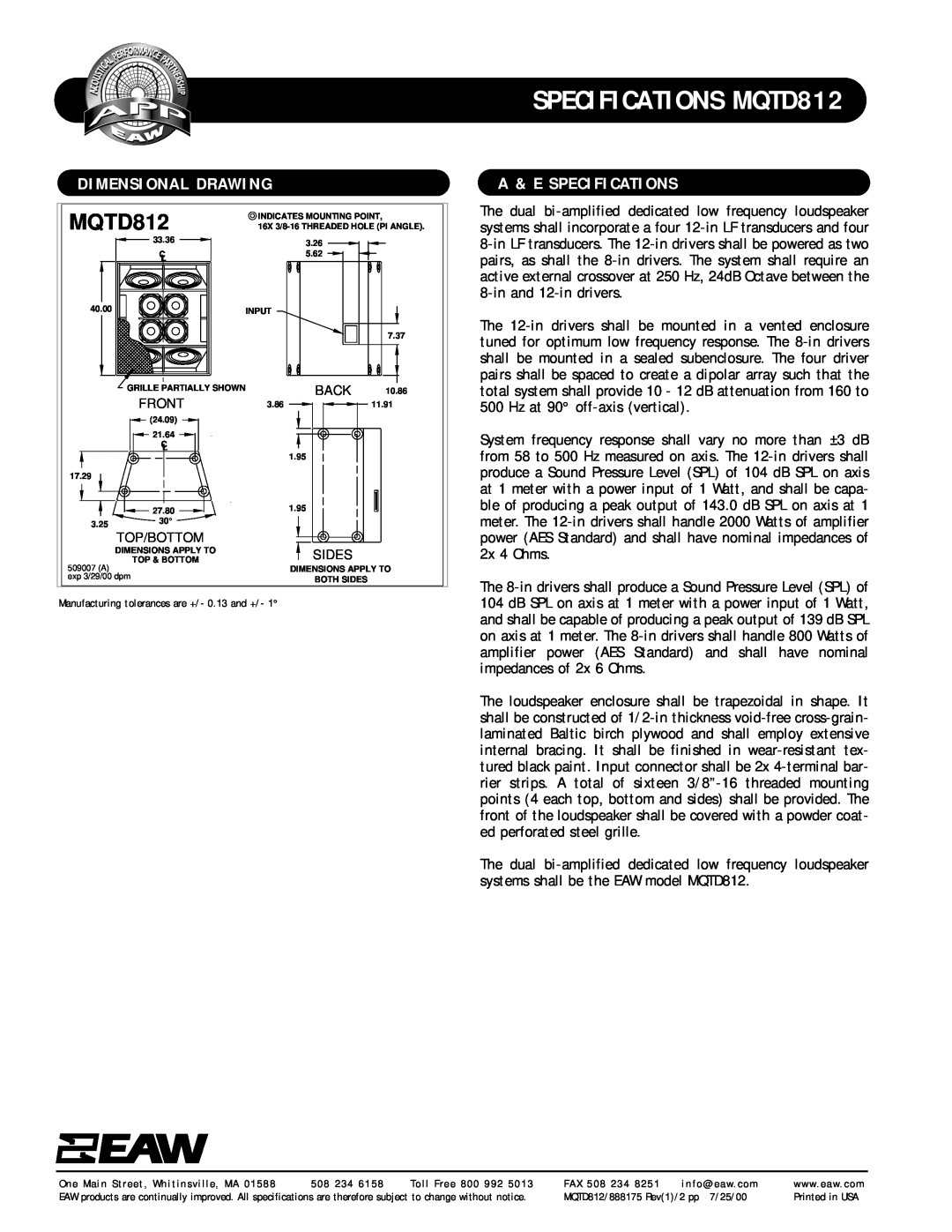 EAW specifications Dimensional Drawing, A & E Specifications, SPECIFICATIONS MQTD812 