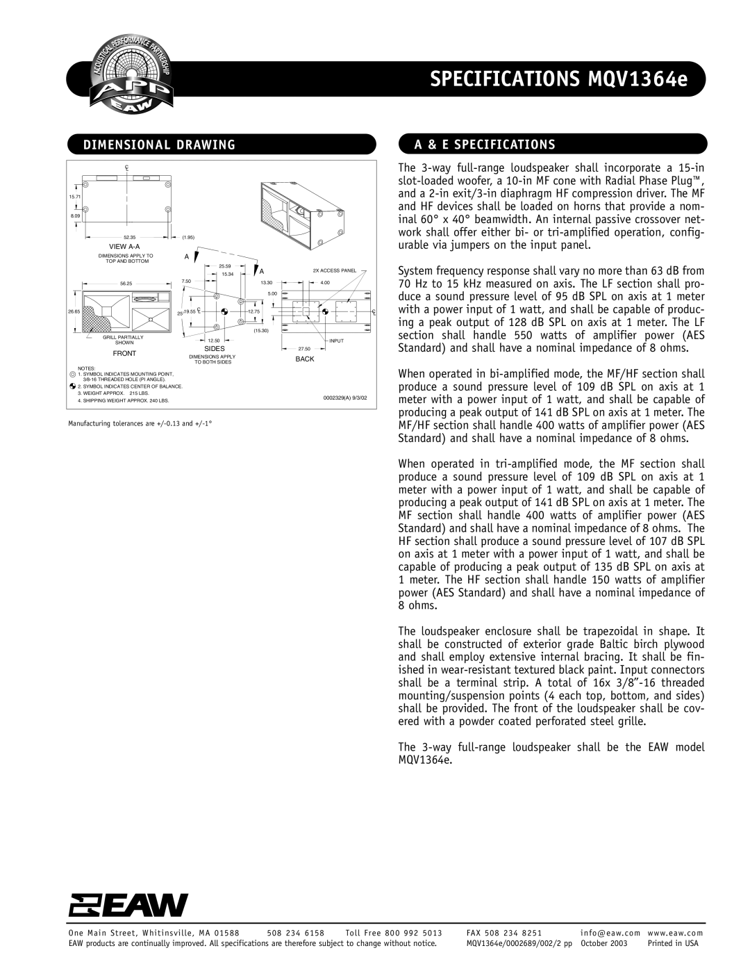 EAW MQV1364e specifications Dimensional Drawing, Specifications 