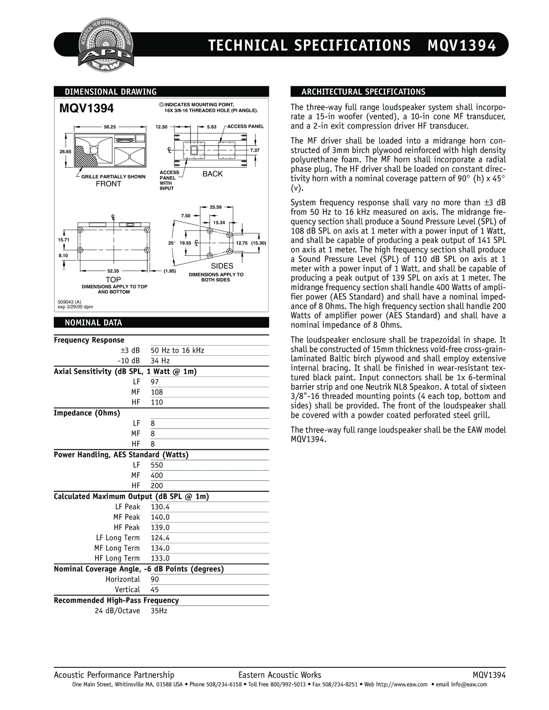 EAW MQV1394 specifications Dimensional Drawing, Nominal Data, Architectural Specifications 