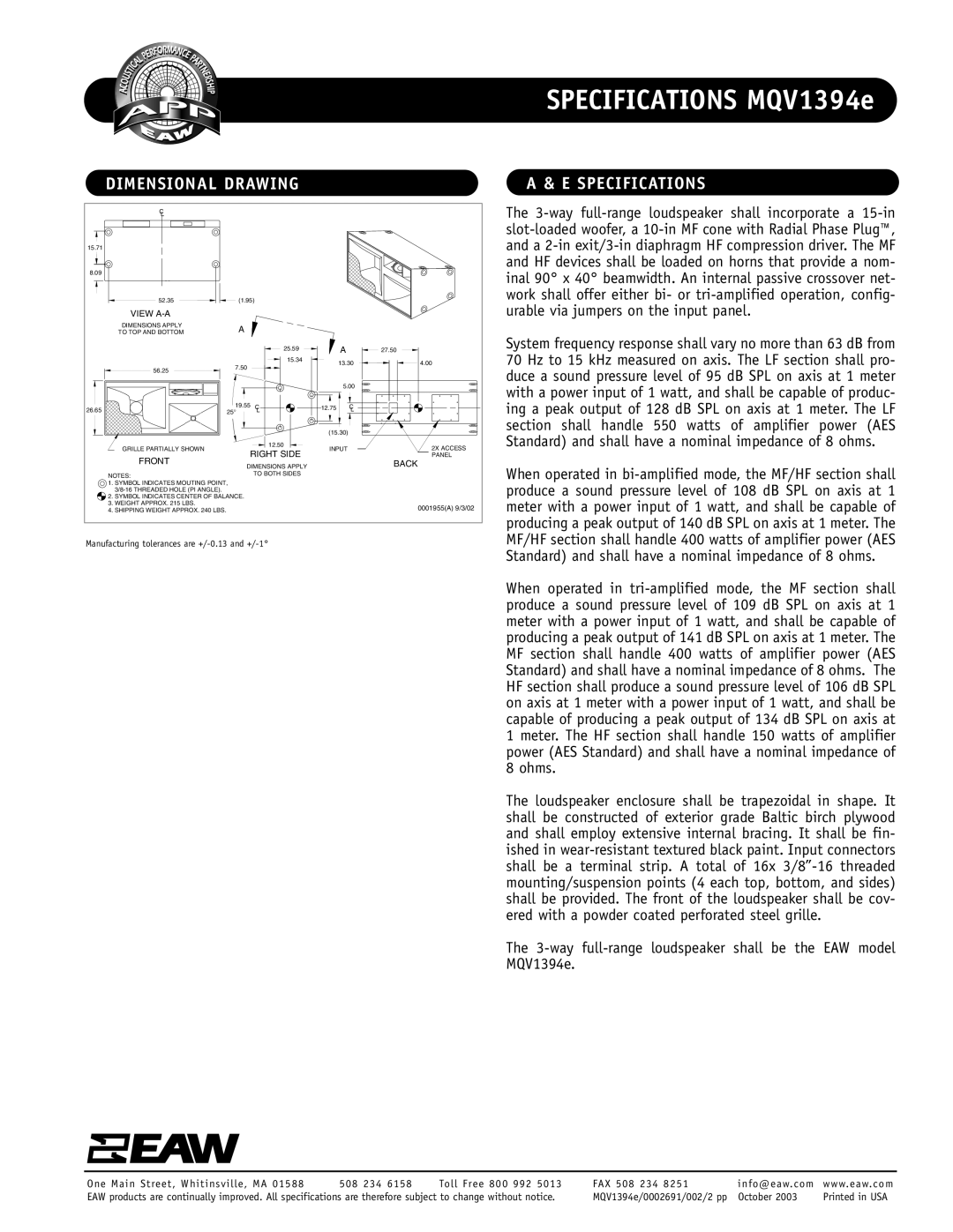 EAW MQV1394e specifications Dimensional Drawing, Specifications 