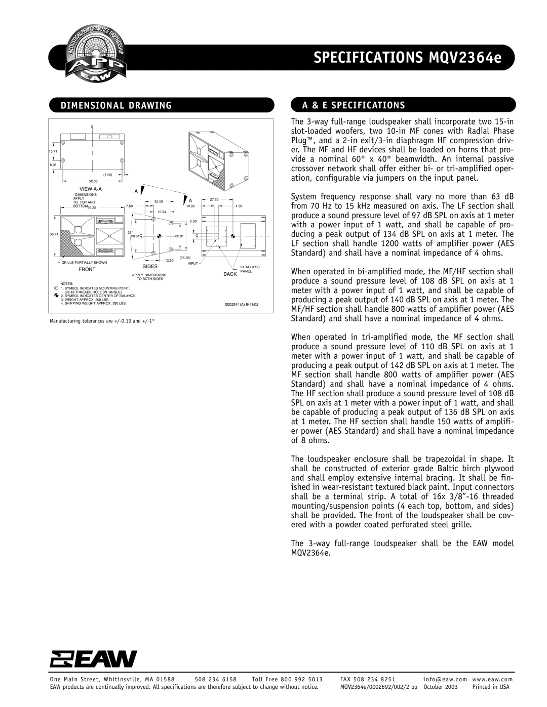 EAW MQV2364e specifications Dimensional Drawing, Specifications 