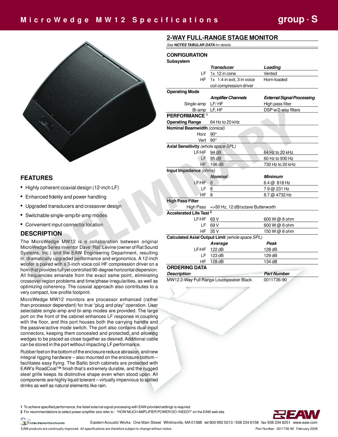 EAW MW12 specifications Features, Desc Iption, WAY FULL-RANGE Stage Monitor 