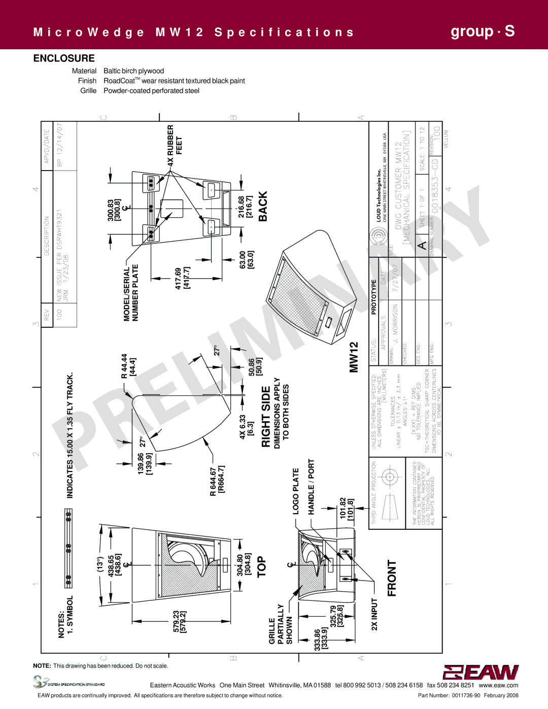 EAW MW12 specifications Enclosure, Front 