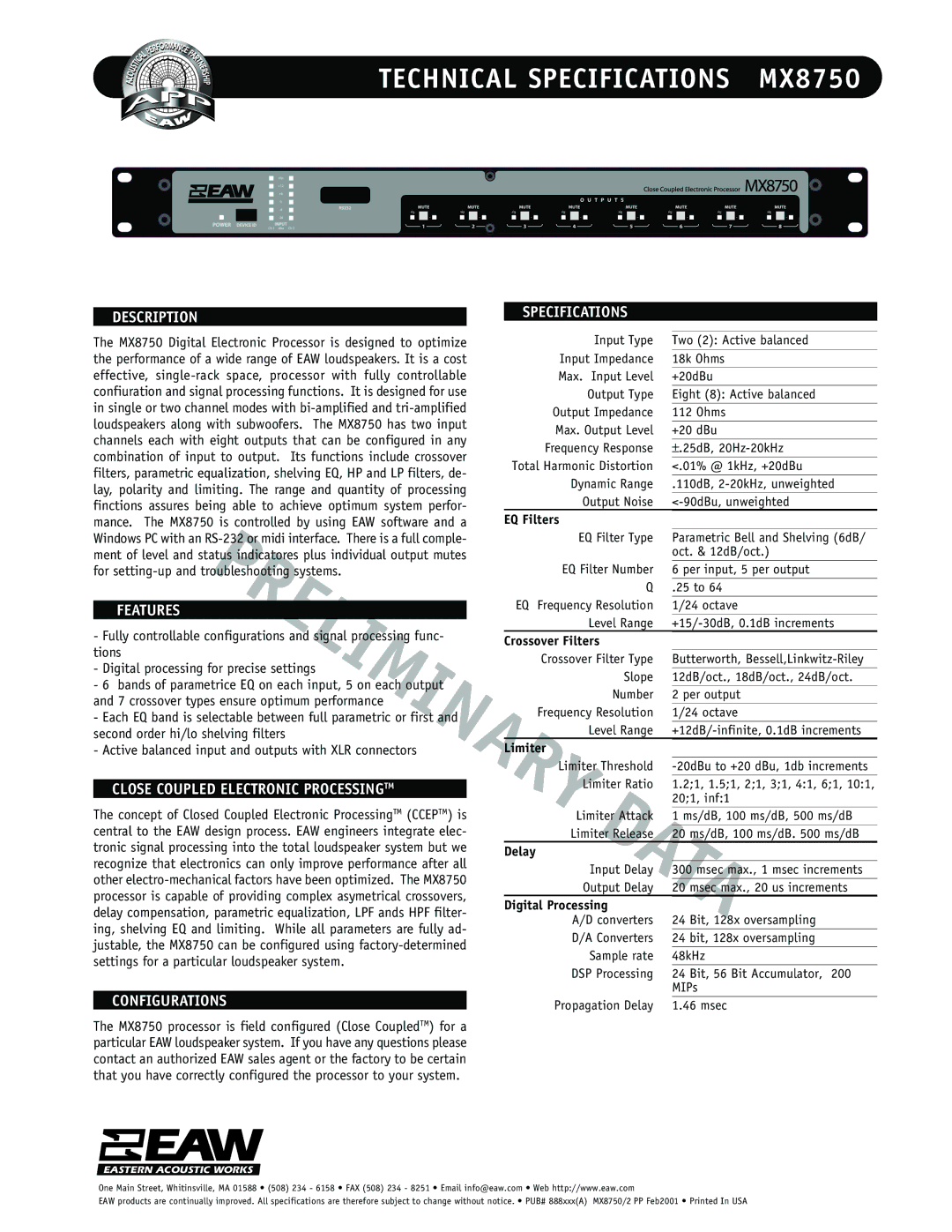 EAW MX8750 technical specifications Description, Features, Close Coupled Electronic Processingtm, Configurations 