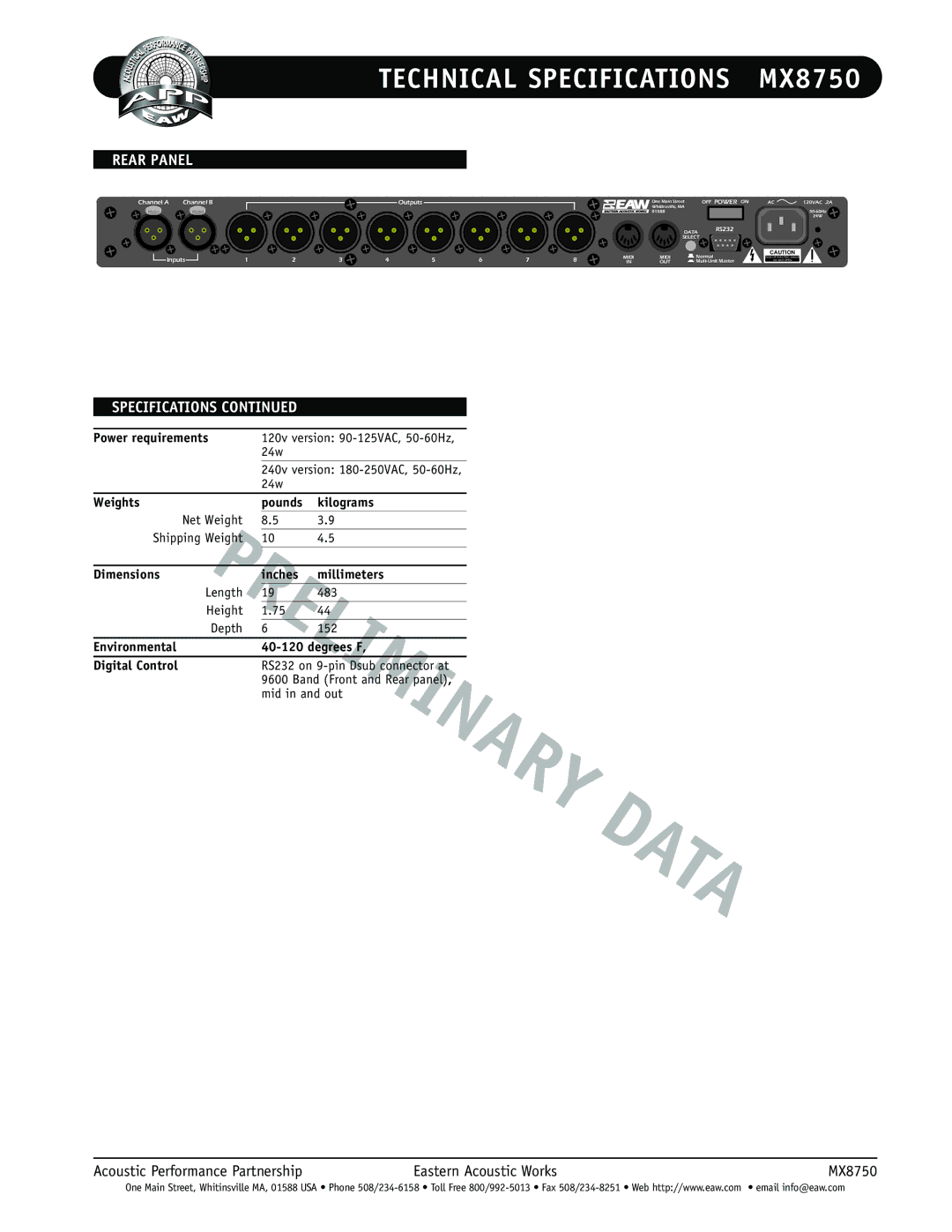 EAW MX8750 technical specifications Rear Panel, Power requirements, Weights Pounds Kilograms, Dimensions Inches Millimeters 