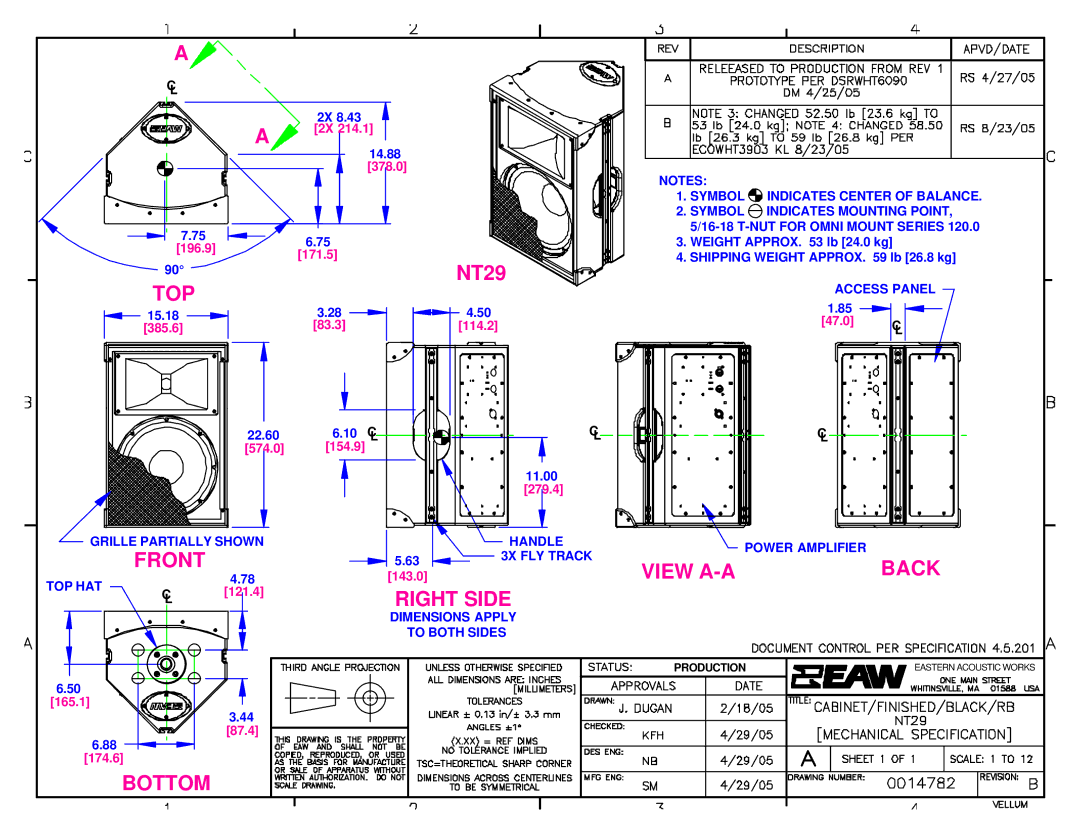 EAW NT29 2D dimensions Top, Front, Bottom, View A-A Back, Right Side 