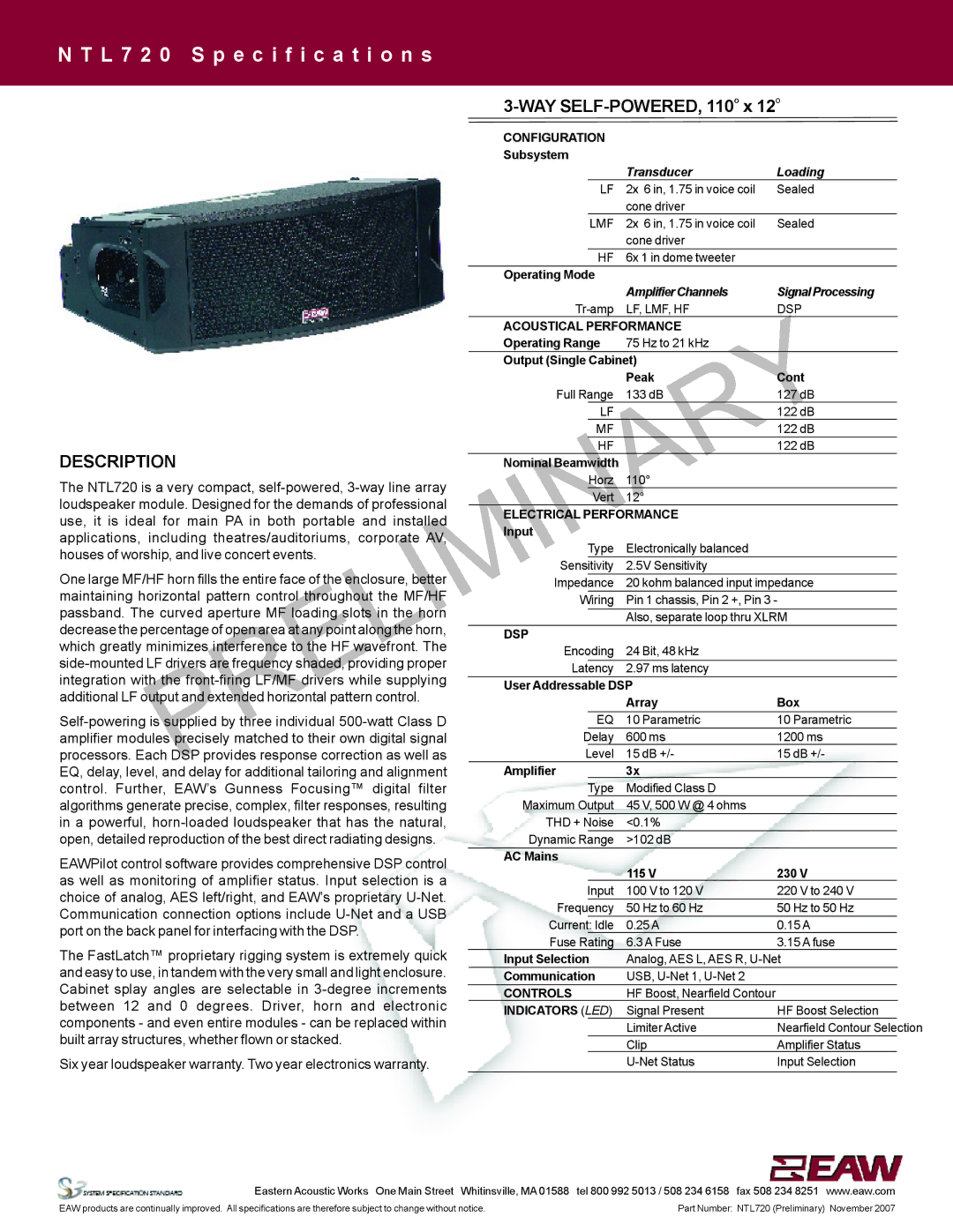 EAW NTL720 specifications Transducer Loading, Amplifier Channels Signal Processing 