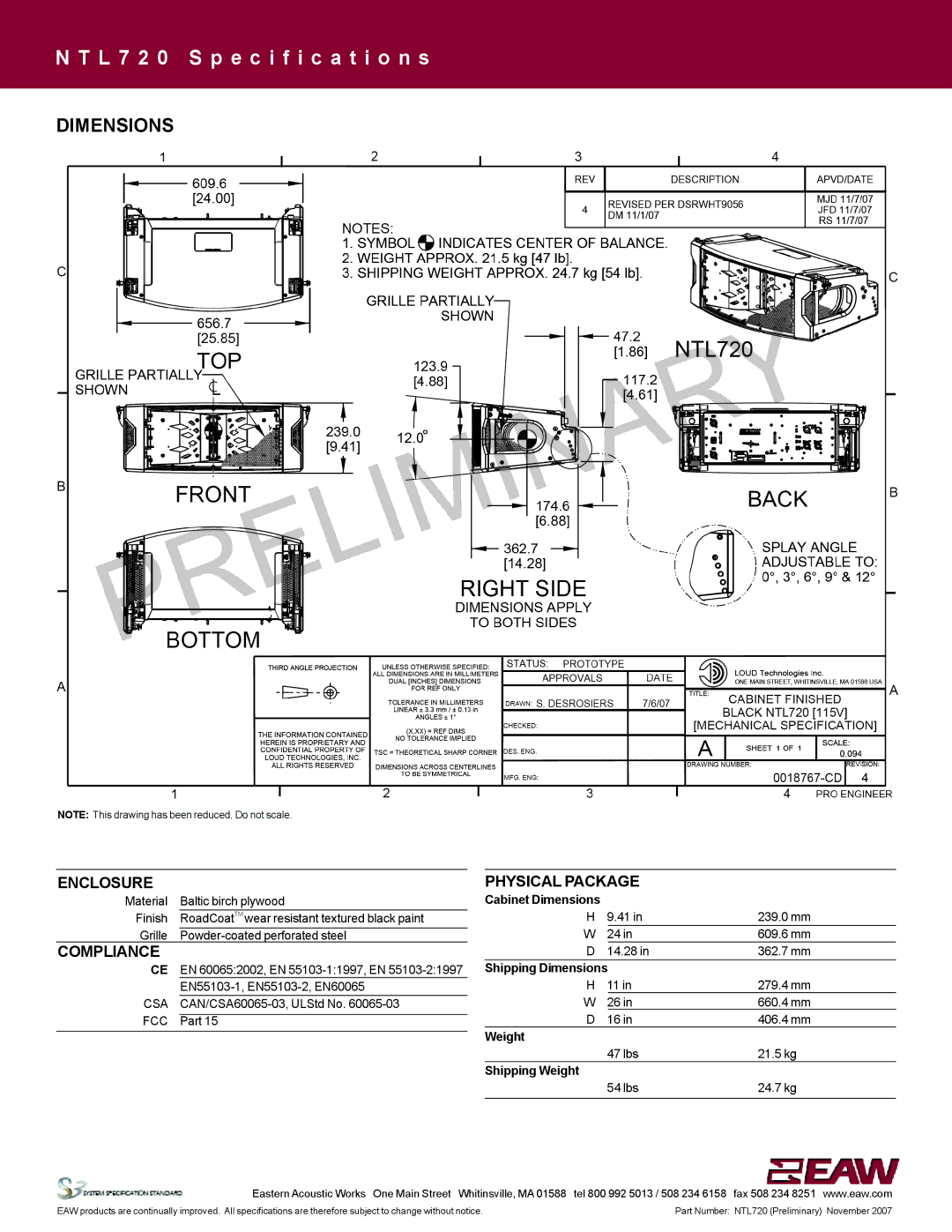 EAW NTL720 specifications Enclosure, Compliance, Physical Package 