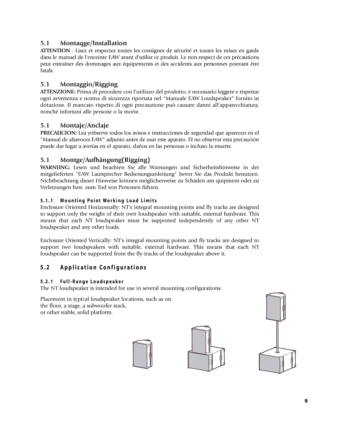 EAW NT29, NTS22, NT56, NT26, NT59 Montaqge/Installation Montaggio/Rigging, Montaje/Anclaje, Montge/AufhängungRigging 