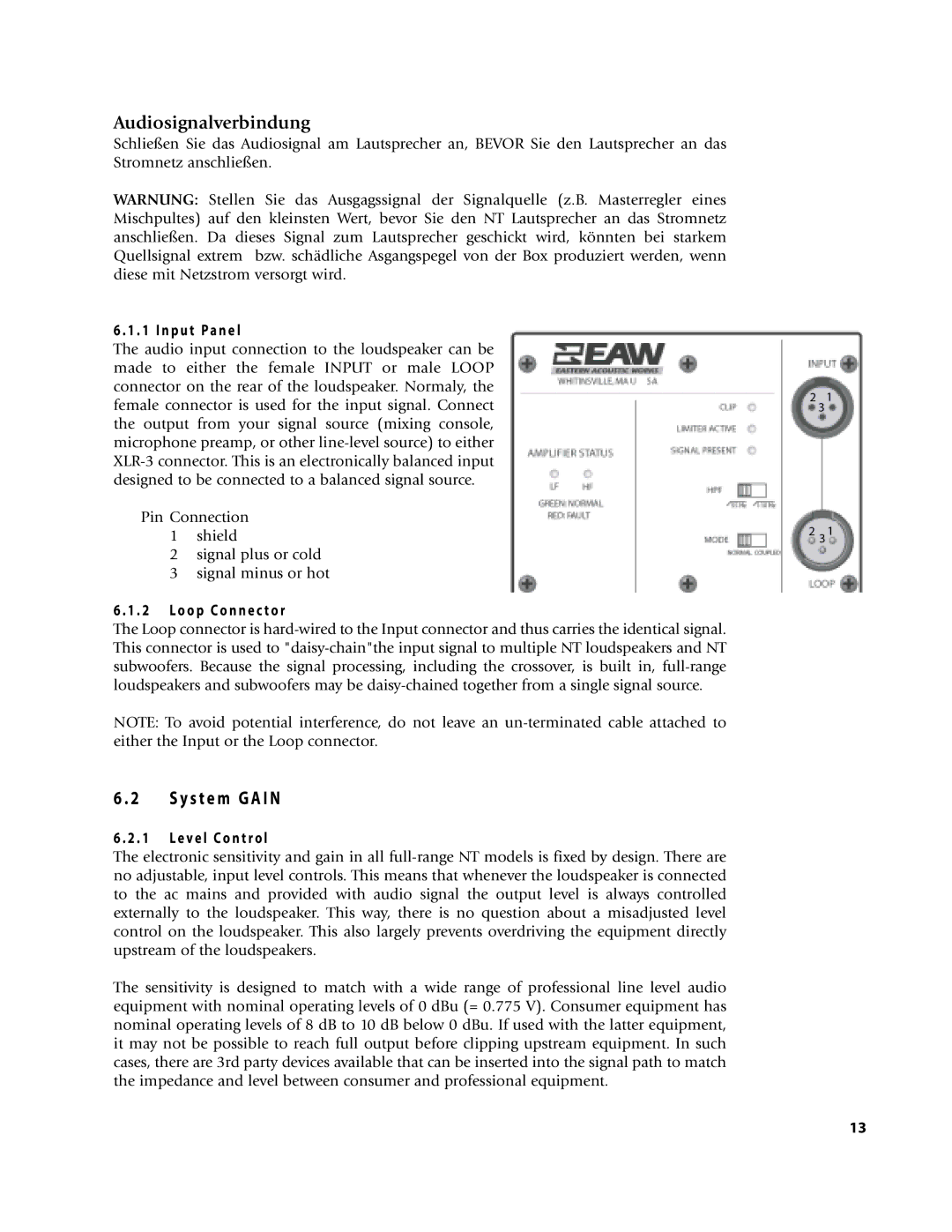 EAW NT26, NTS22, NT56, NT29, NT59 owner manual Audiosignalverbindung, N p u t P a n e l, O o p C o n n e c t o r 