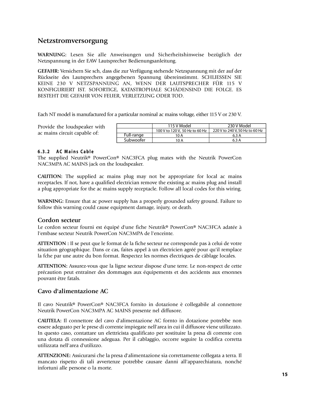 EAW NT59, NTS22, NT56, NT26, NT29 Netzstromversorgung, Cordon secteur, Cavo dalimentazione AC, C M a i n s C a b l e 