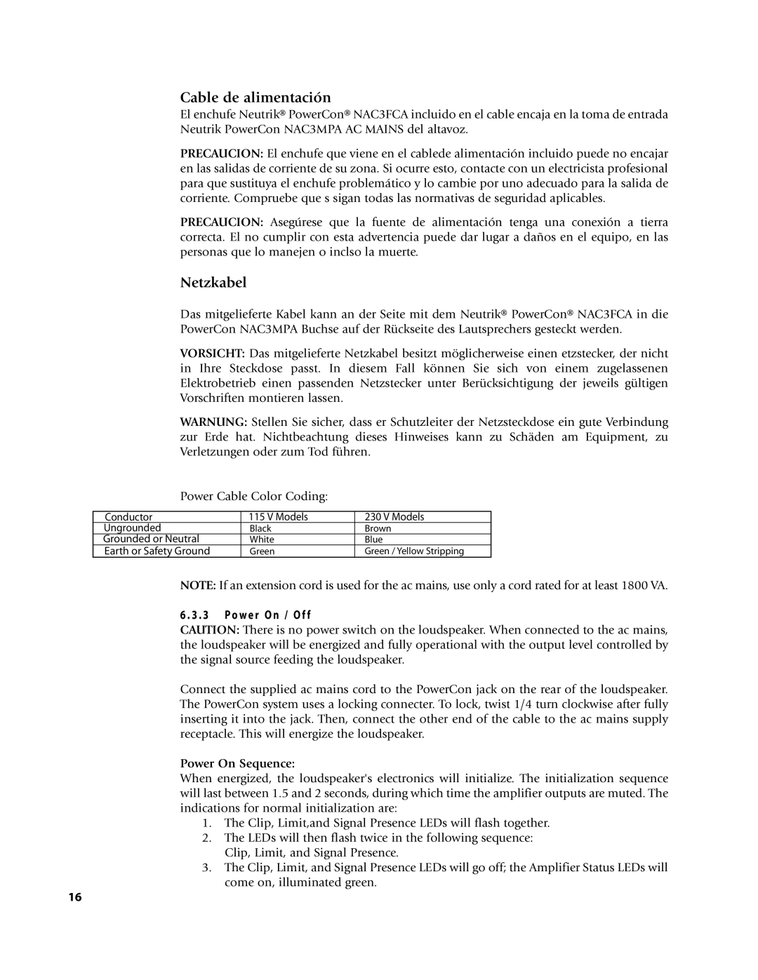 EAW NTS22, NT56, NT26, NT29, NT59 owner manual Cable de alimentación, Netzkabel, O w e r O n / O f f 