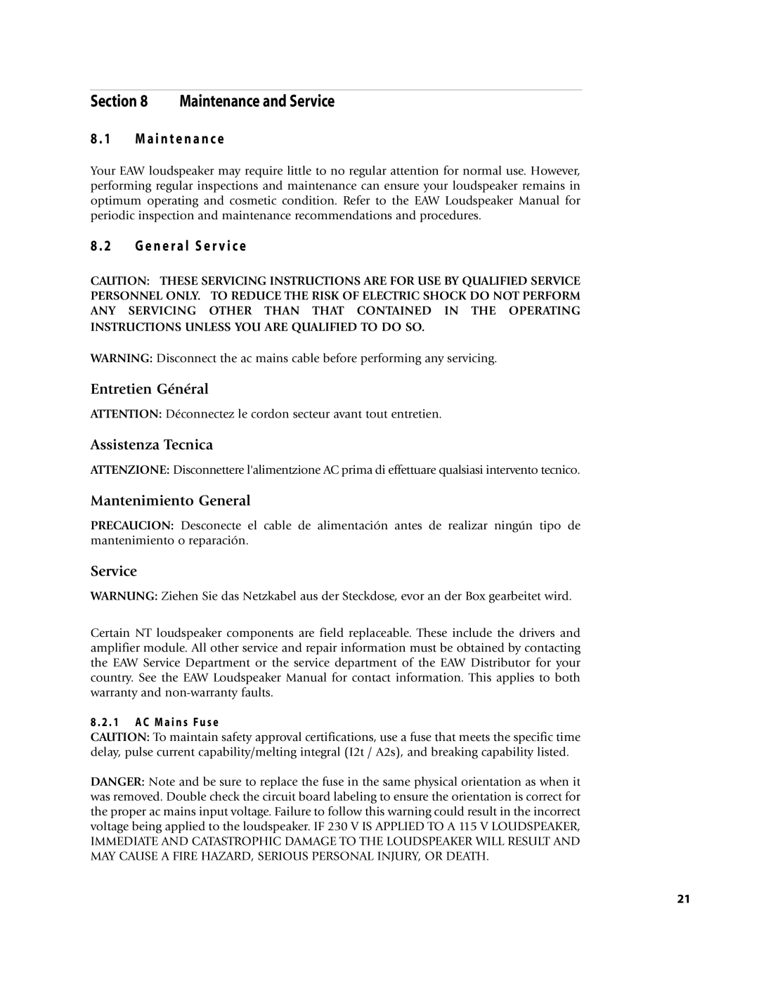 EAW NTS22, NT56 Maintenance and Service, A i n t e n a n c e, Entretien Général Assistenza Tecnica, Mantenimiento General 