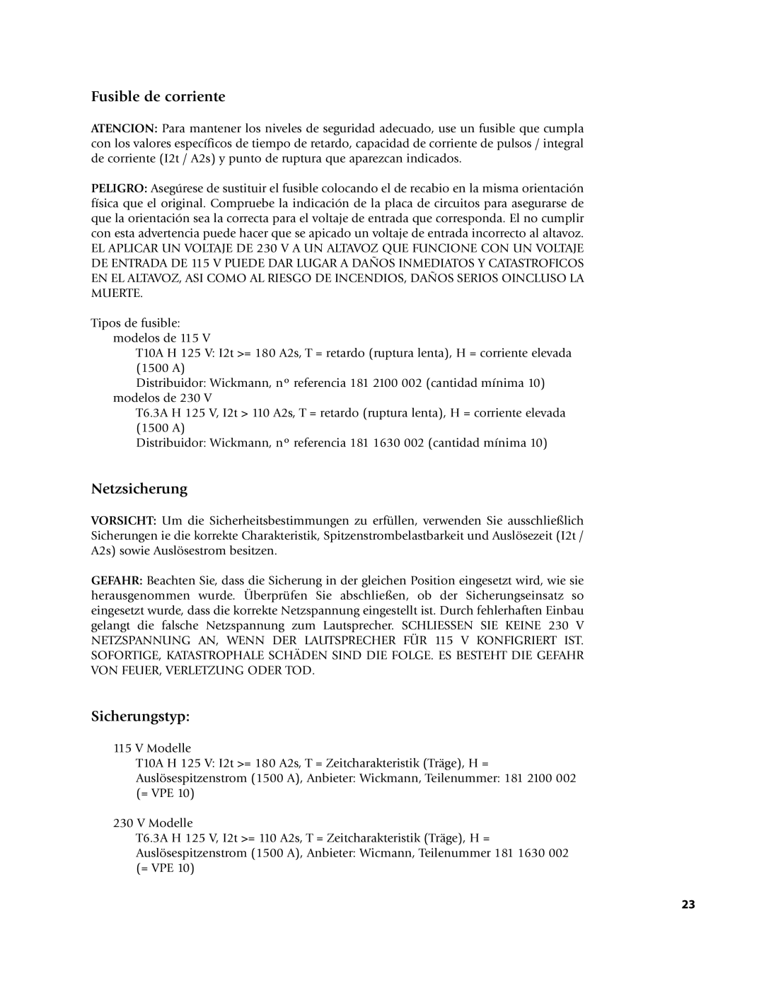 EAW NT26, NTS22, NT56, NT29, NT59 owner manual Fusible de corriente, Netzsicherung, Sicherungstyp 