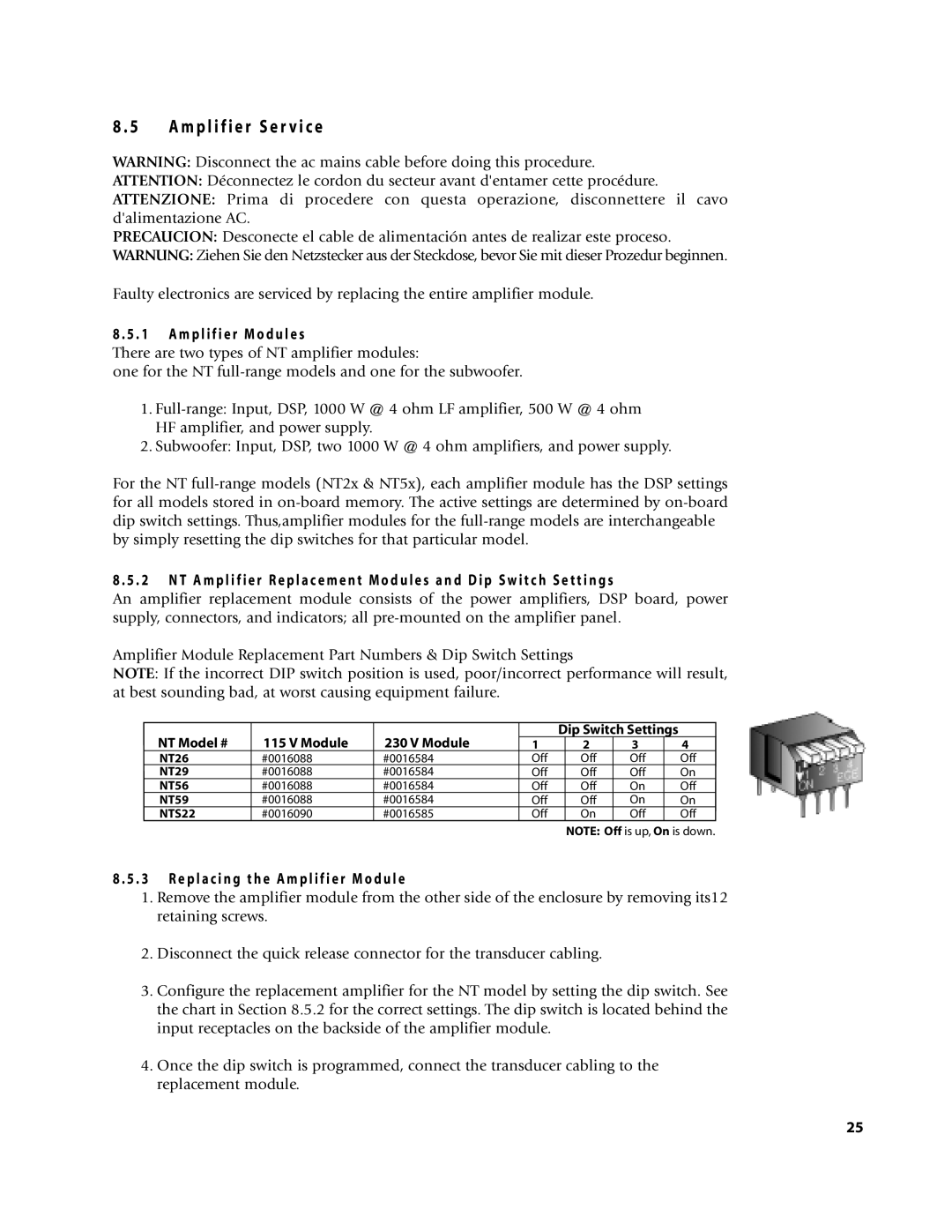 EAW NT59, NTS22, NT56, NT26, NT29 M p l i f i e r M o d u l e s, E p l a c i n g t h e a m p l i f i e r M o d u l e 