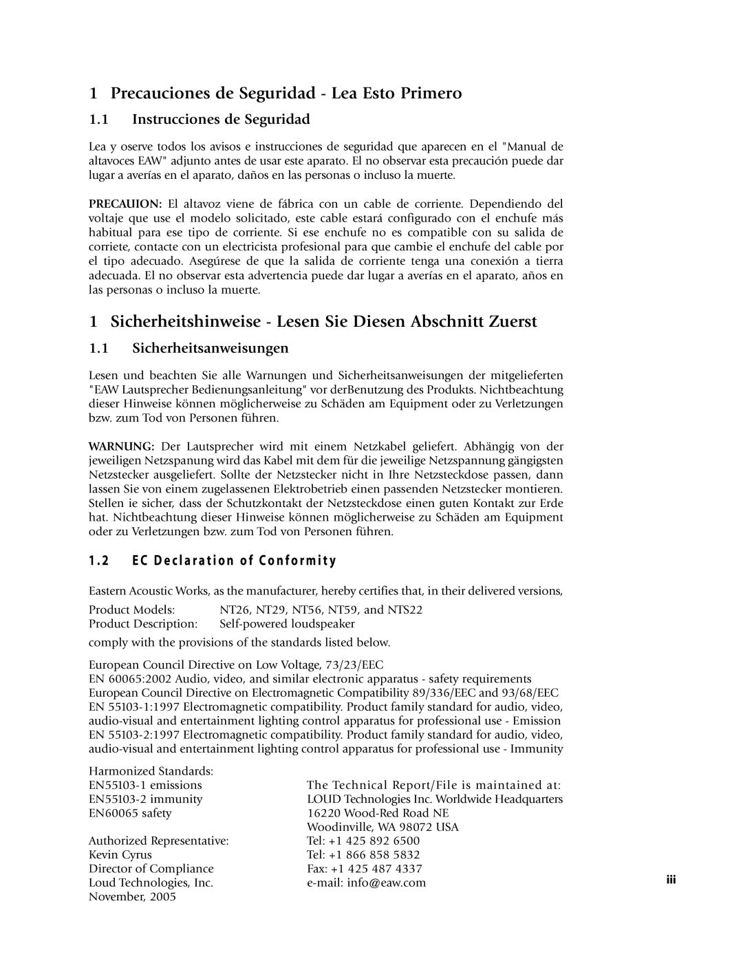 EAW NT29, NTS22, NT56 Precauciones de Seguridad Lea Esto Primero, Sicherheitshinweise Lesen Sie Diesen Abschnitt Zuerst 