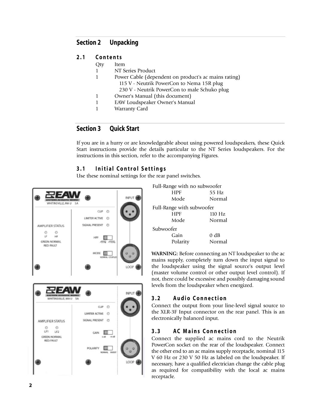 EAW NT56, NTS22, NT26, NT29, NT59 owner manual Unpacking, Quick Start, N t e n t s, C M a i n s C o n n e c t i o n 