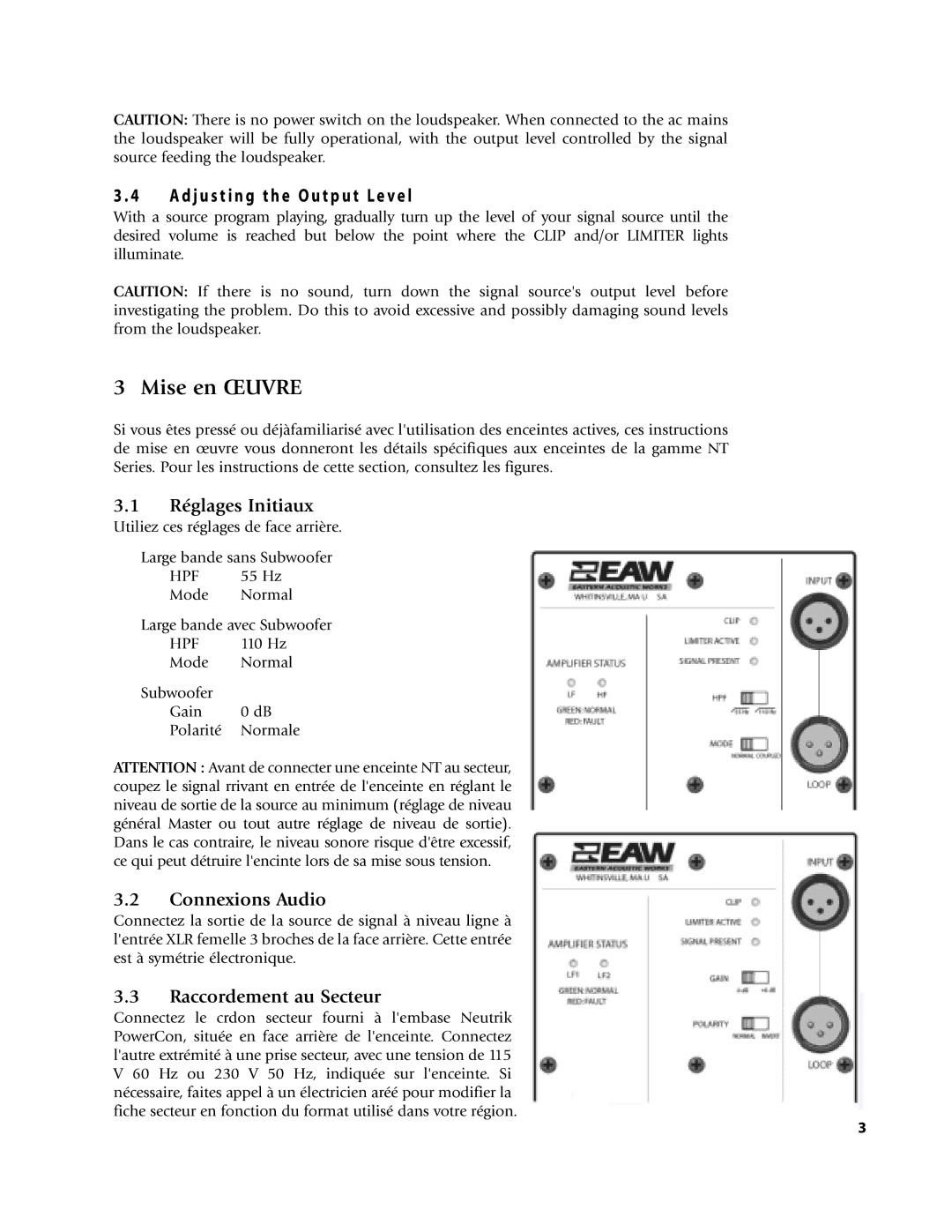 EAW NT26, NTS22, NT56, NT29 Mise en Œuvre, D j u s t i n g t h e O u t p u t L e v e l, Réglages Initiaux, Connexions Audio 