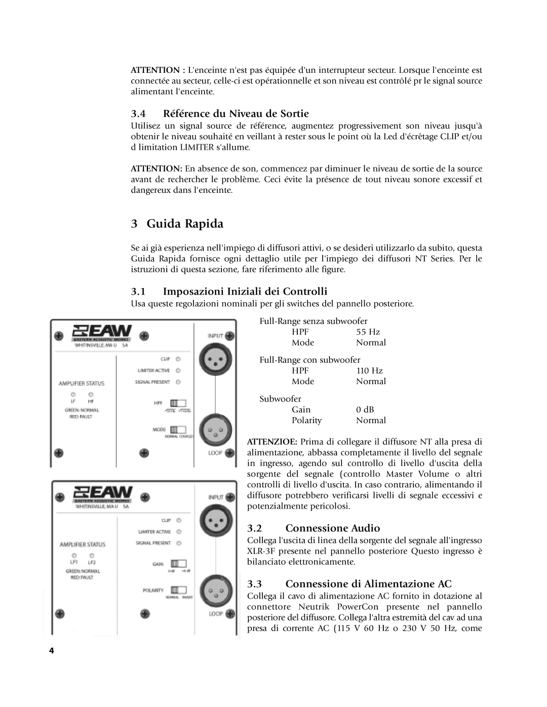 EAW NT29, NTS22, NT56 Guida Rapida, Référence du Niveau de Sortie, Imposazioni Iniziali dei Controlli, Connessione Audio 