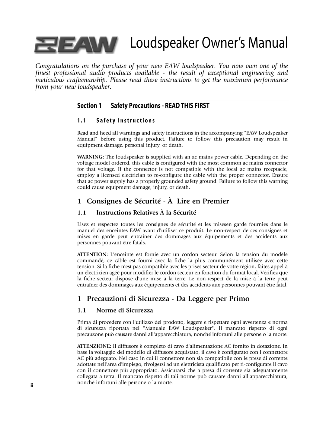 EAW NT26, NTS22, NT56 Safety Precautions - READ THIS FIRST, Consignes de Sécurité - À Lire en Premier, Norme di Sicurezza 