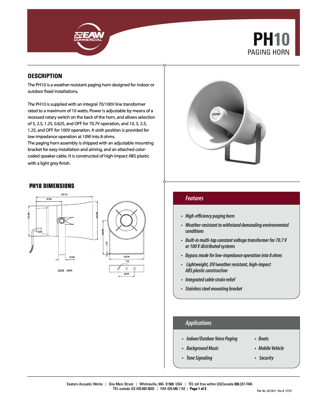 EAW dimensions Paging Horn, Description, PH10 DIMENSIONS, Features, Applications 