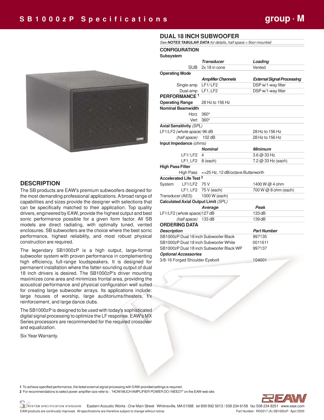 EAW SB1000zP specifications Description, Dual 18 Inch Subwoofer 