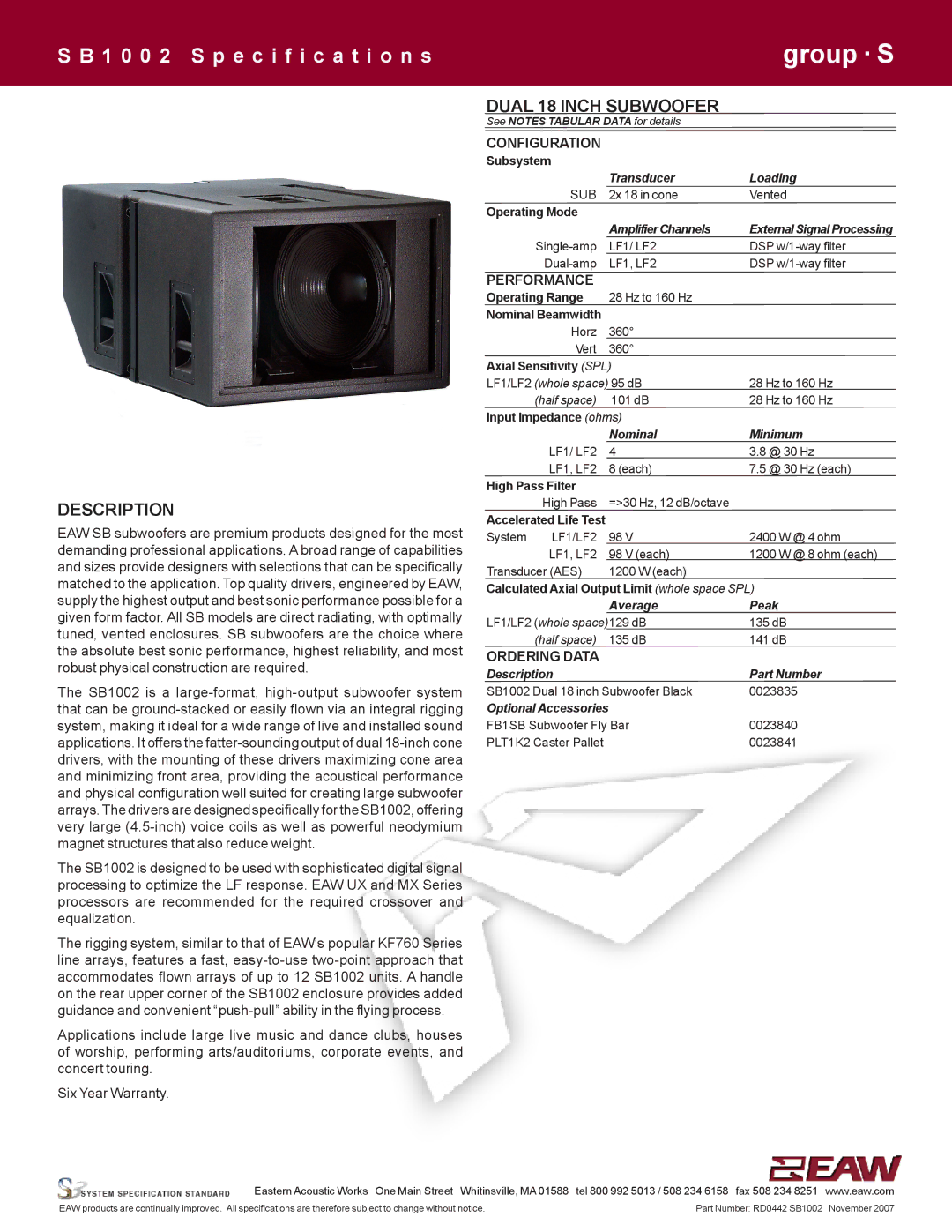 EAW SB1002 specifications Description, Dual 18 Inch Subwoofer 